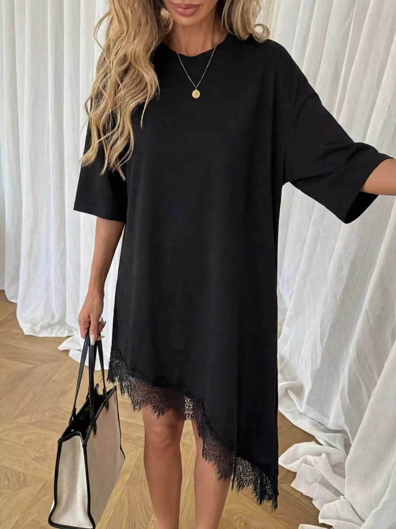 Lace Trim Asymmetrical Hem T-shirt Dress