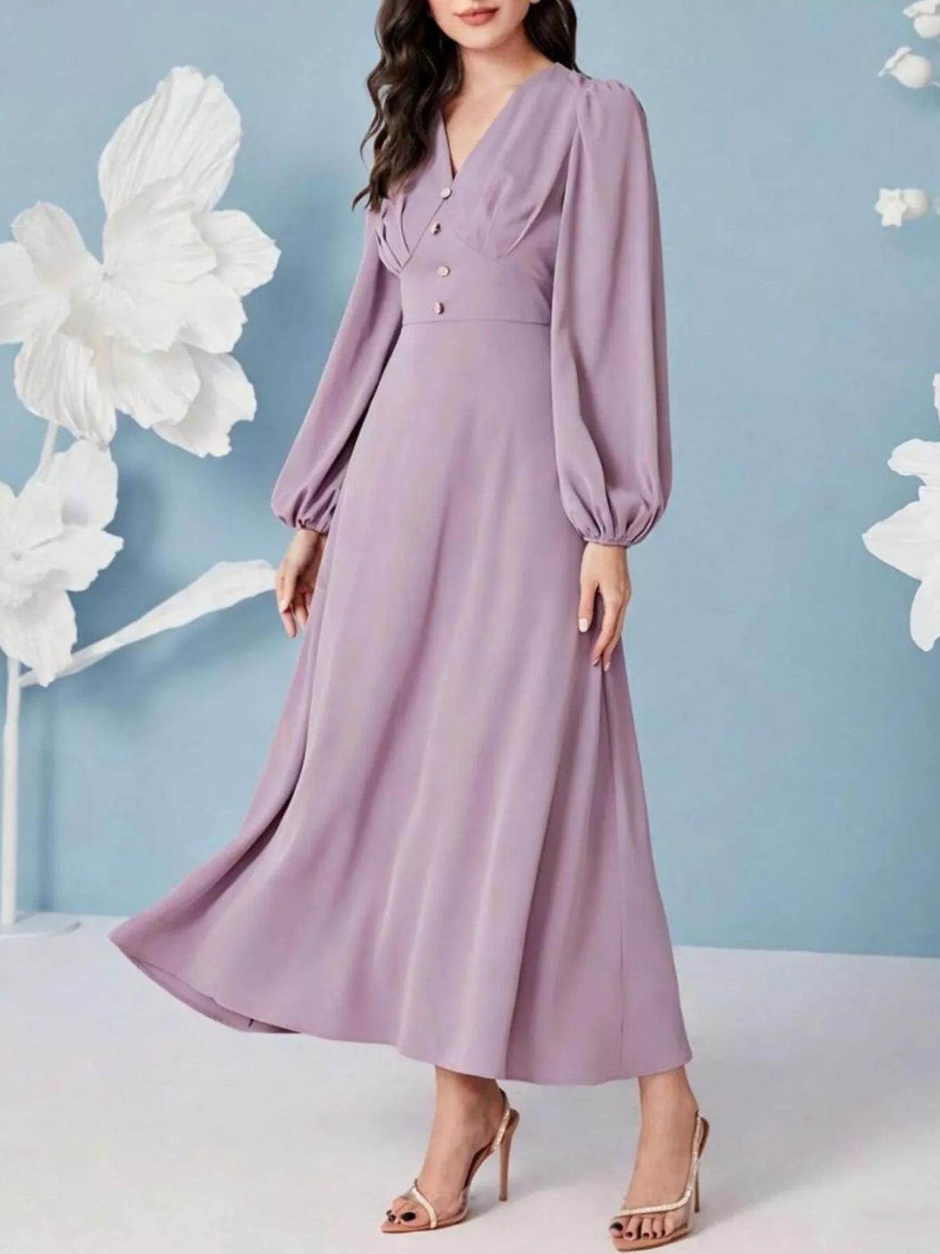 V-Neck Balloon Sleeve Maxi Dress