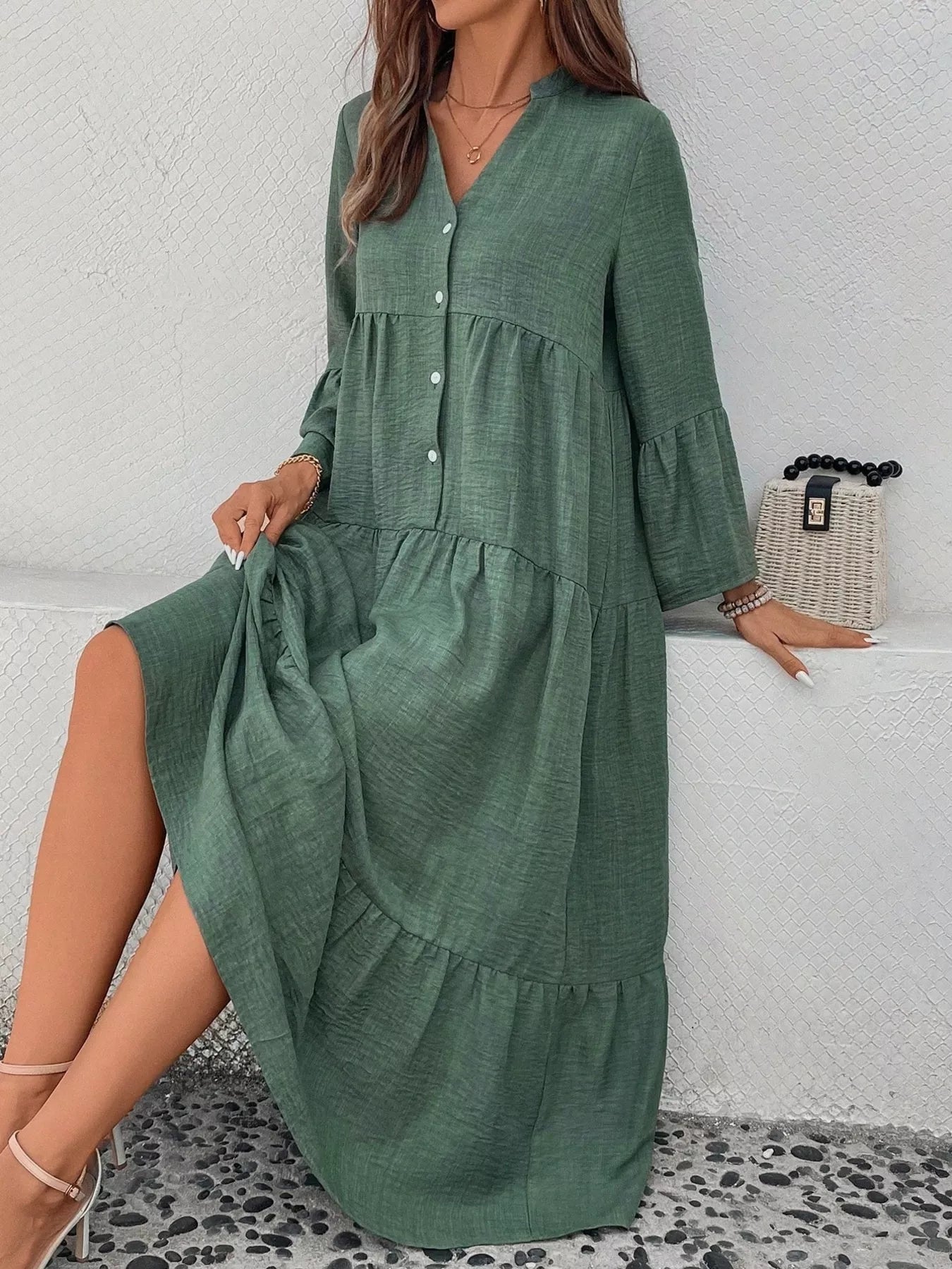 Ruffle Hem Button Front Tiered Dress