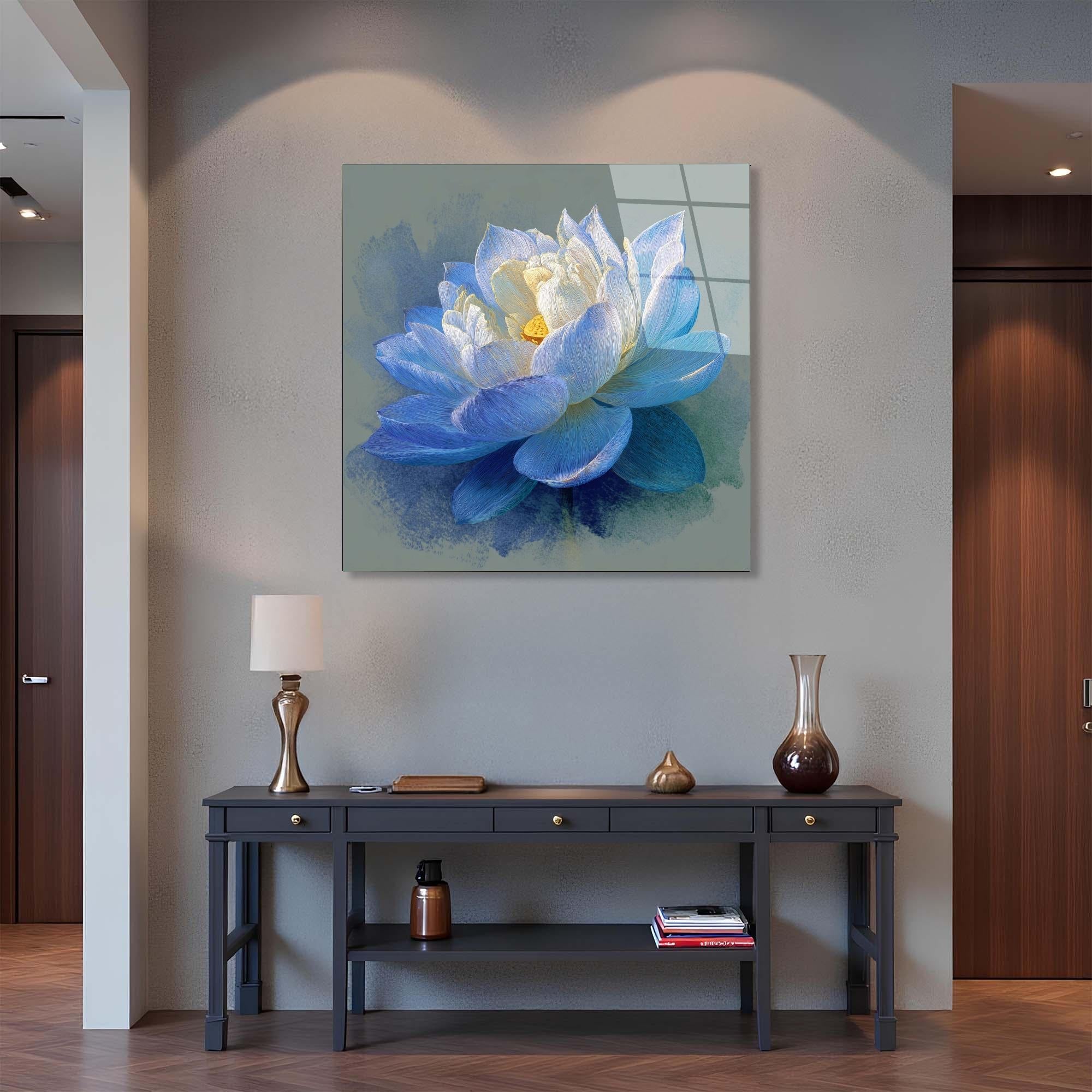Blue Lotus Tempered Glass Wall Art | Zen Floral Home Decor