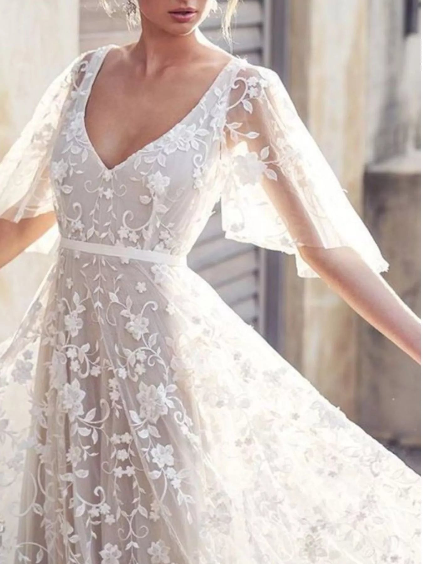 Full Size Lace Flutter Sleeve V-Neck Dress Plus Size