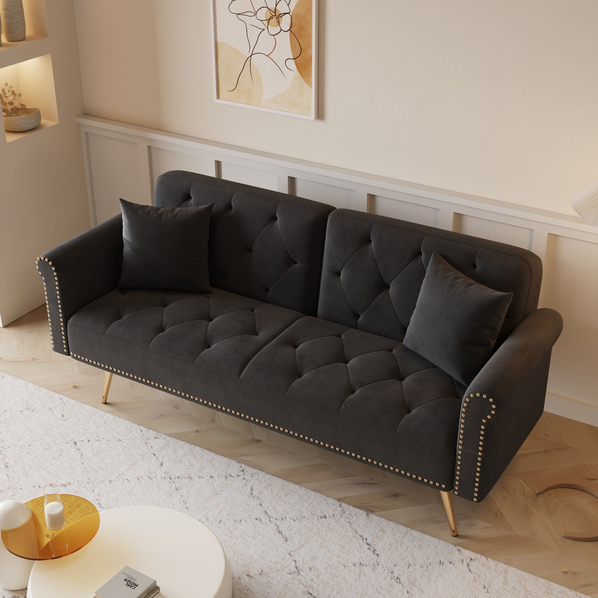 Luxurious Sofa Bed With Nail Head Trim And Matching Pillow