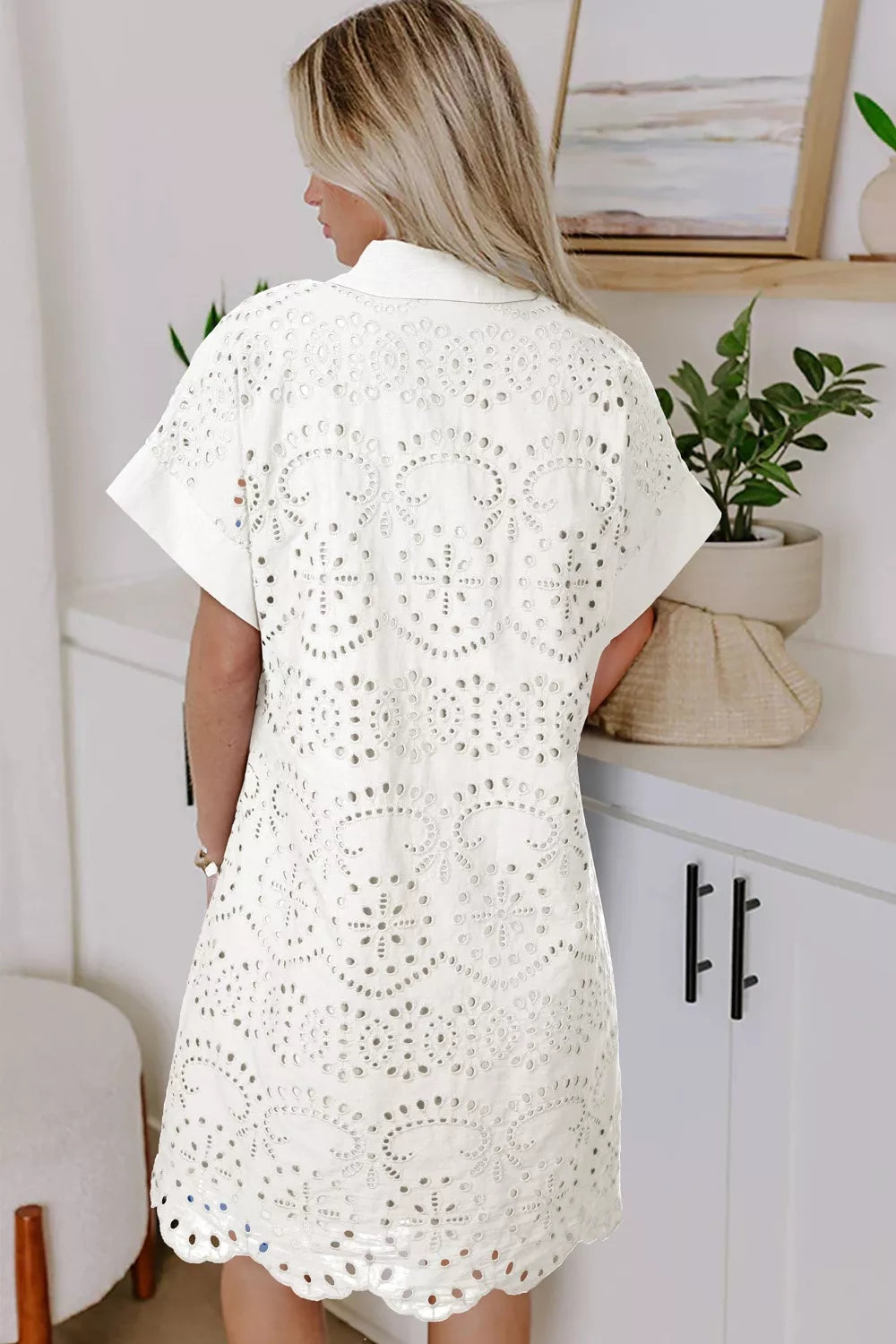 Solid Color Eyelet Embroidered T Shirt Mini Dress