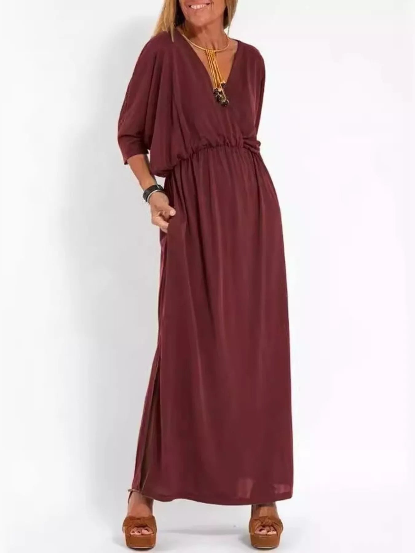 Full Size V-Neck Batwing Sleeve Maxi Dress with Side Slits Plus Size
