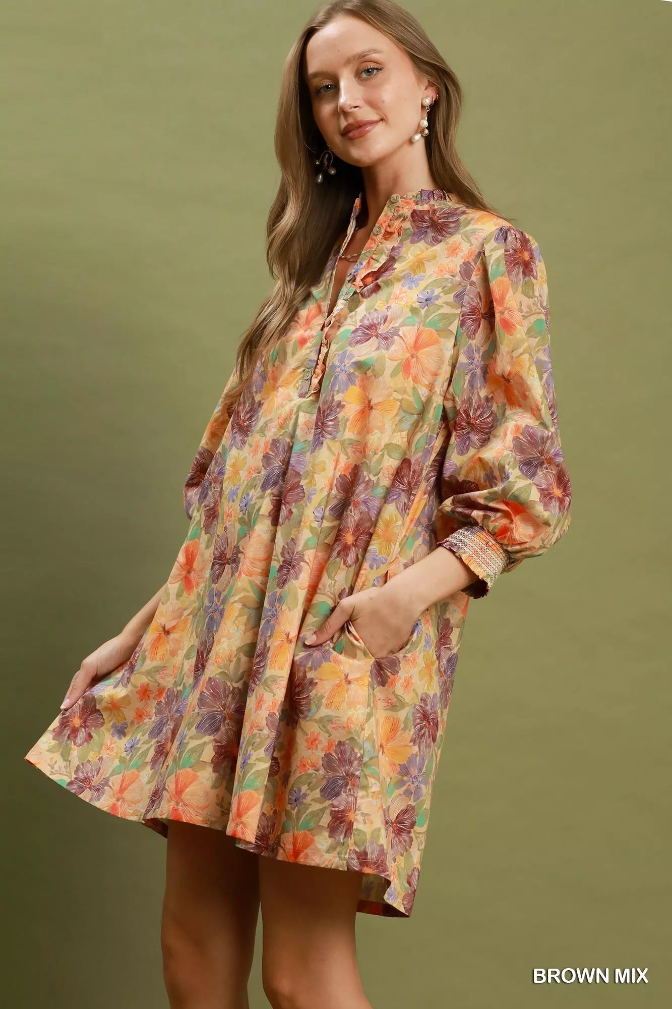 Umgee Mix Floral Print Smocked Cuff Mini Dress