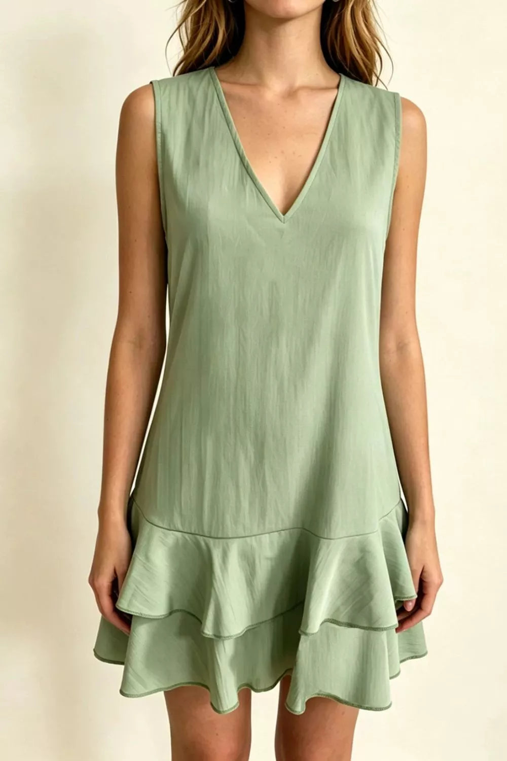 Full Size Sleeveless V-Neck Ruffle Hem Mini Dress Plus Size