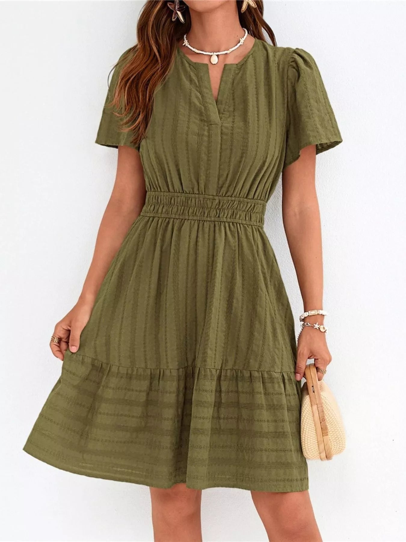 Short Sleeve Smocked Waist Tiered Dress