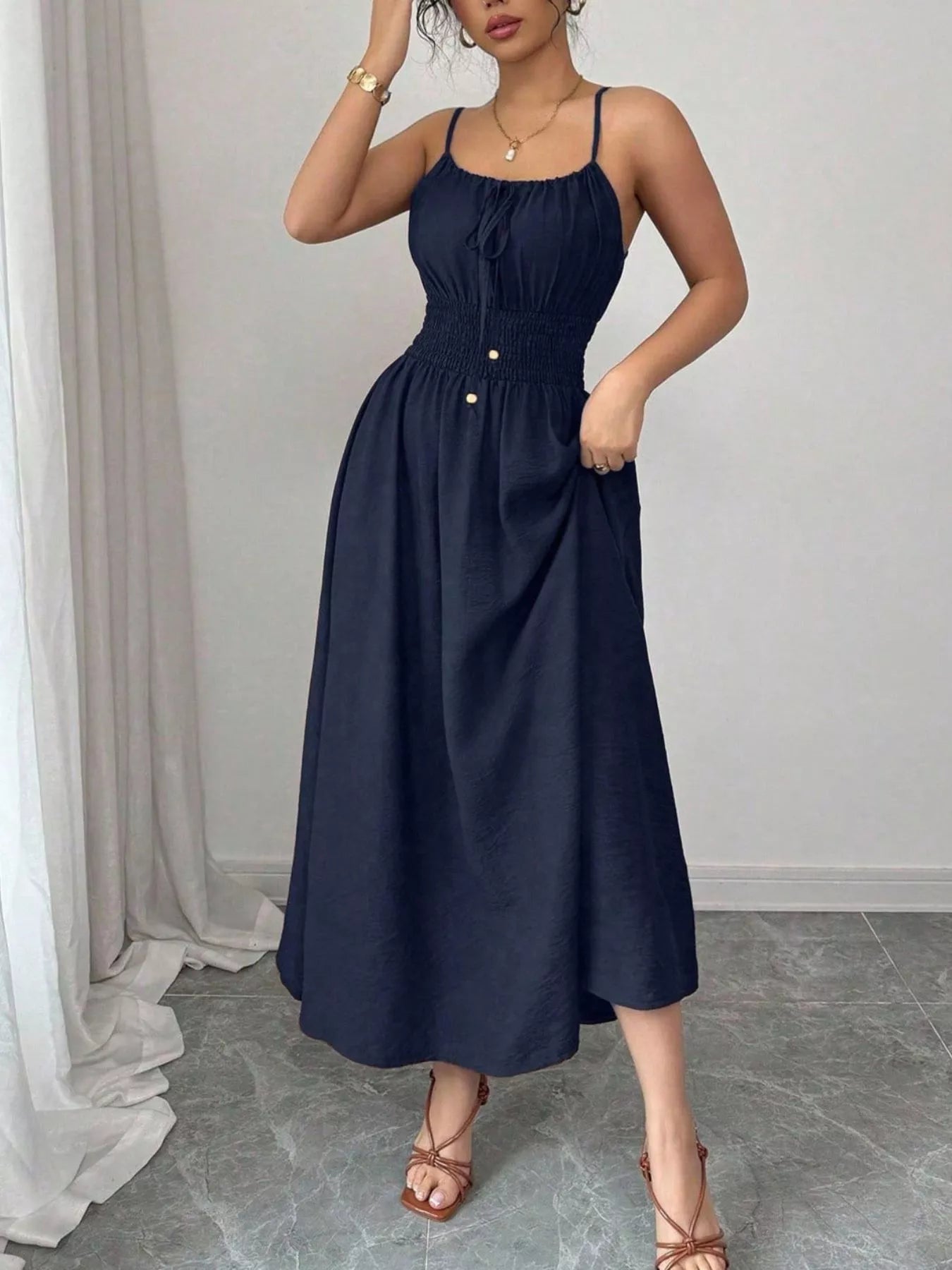 Smocked Spaghetti Strap Midi Dress