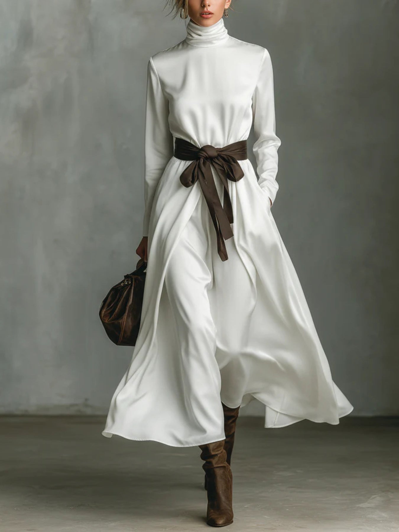 Turtleneck Tie Waist Midi Dress