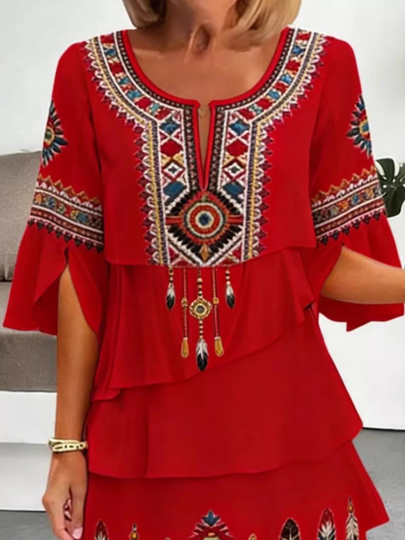 Full Size Printed Notched Ruffled Half Sleeve Dress Plus Size