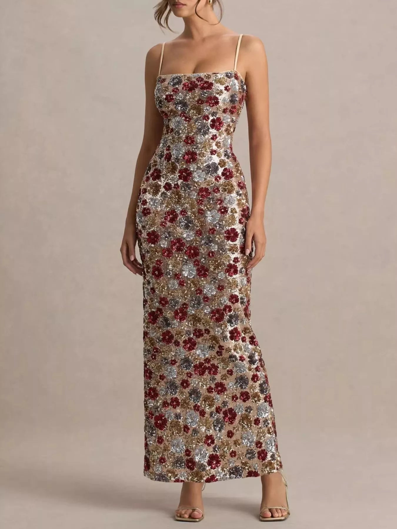 Slit Floral Sequin Bodycon Maxi Dress