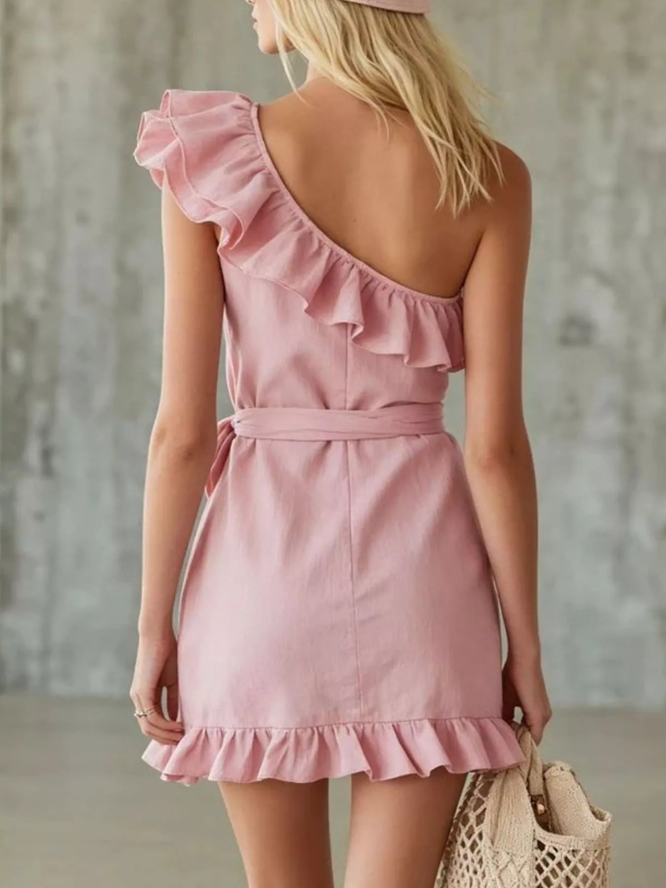 One-Shoulder Ruffle Trim Wrap Dress