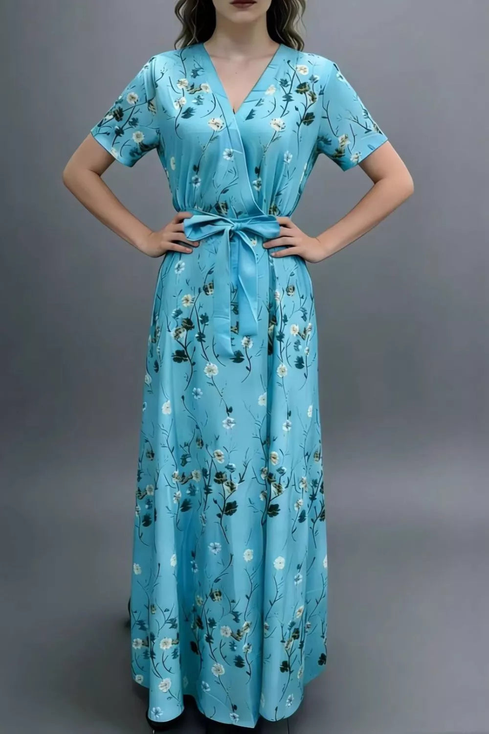 Floral Surplice Short Sleeve Dress