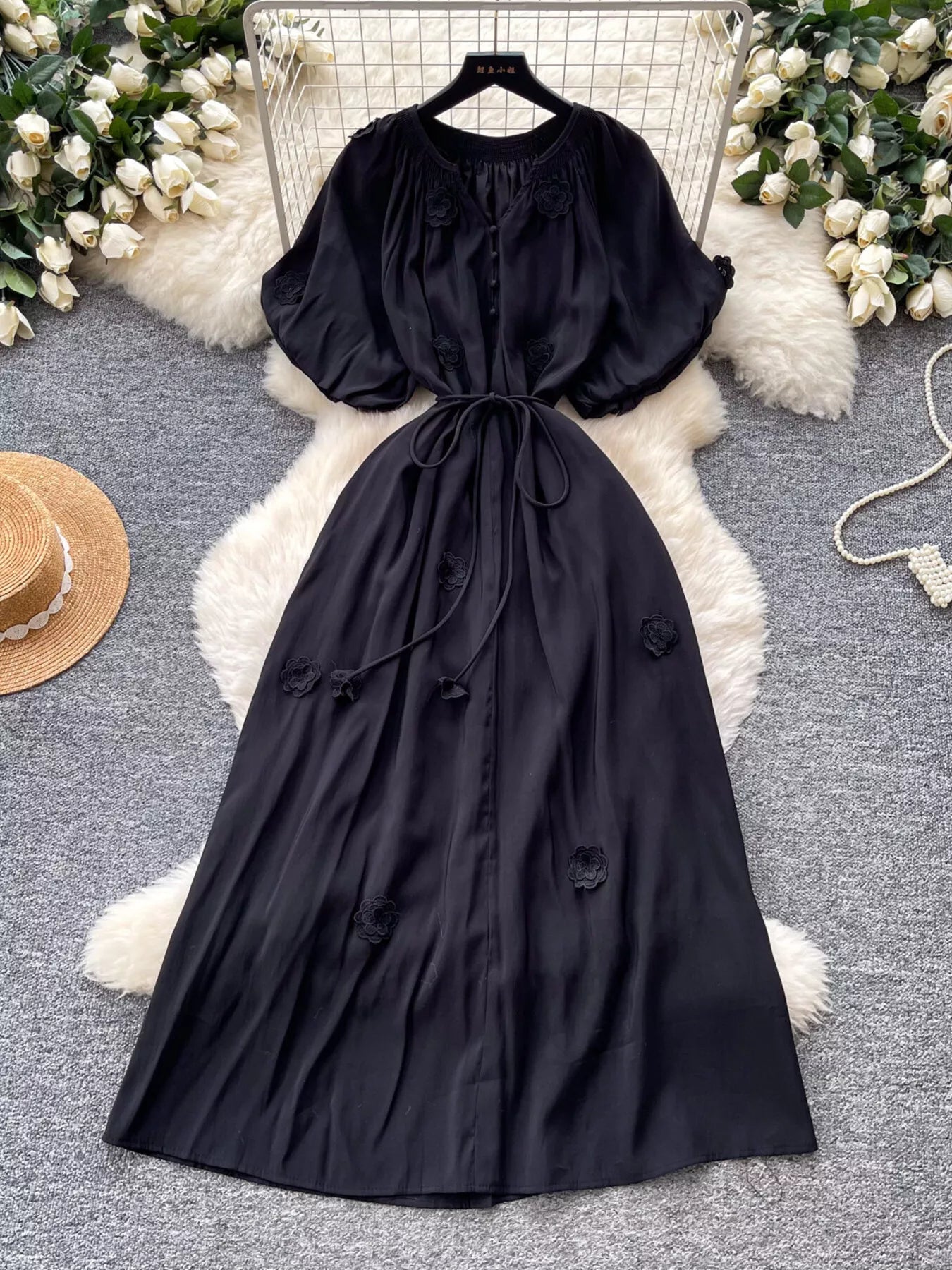 Floral Decor Tie Waist Puff Sleeve Dress