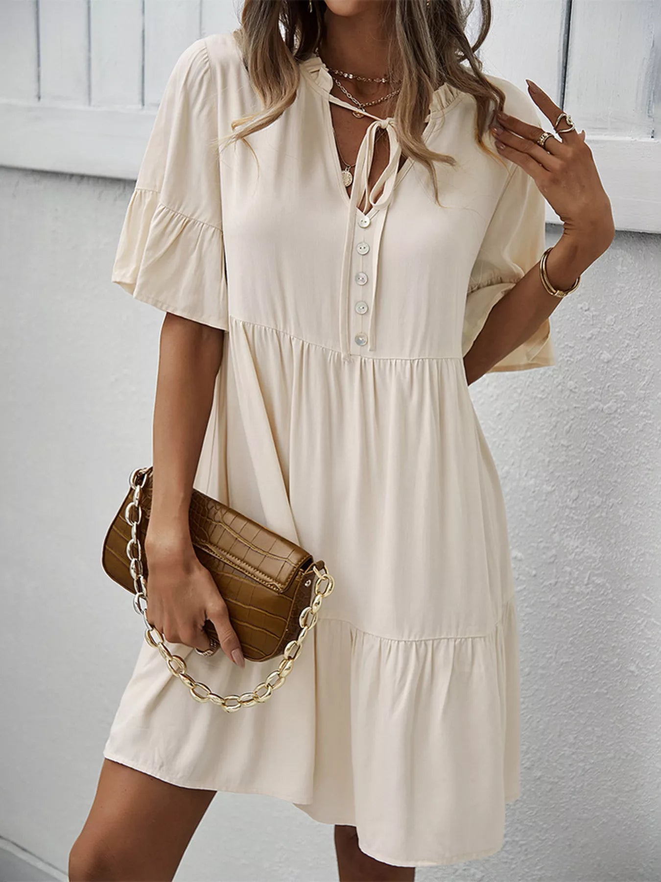 Boho Ruffle Sleeve Button Down Tiered Mini Dress