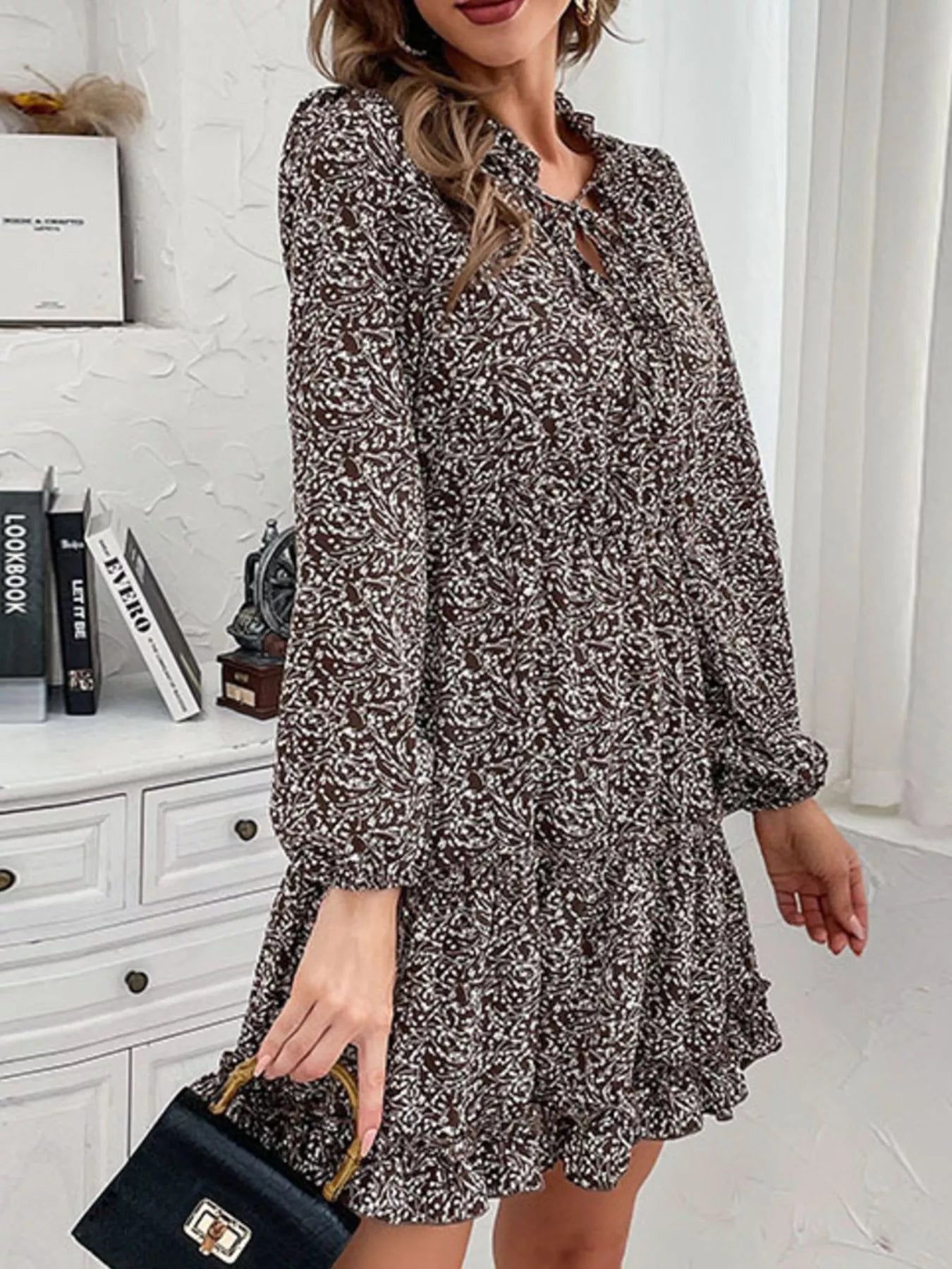 Ruffle Hem Tie Neck Mini Dress