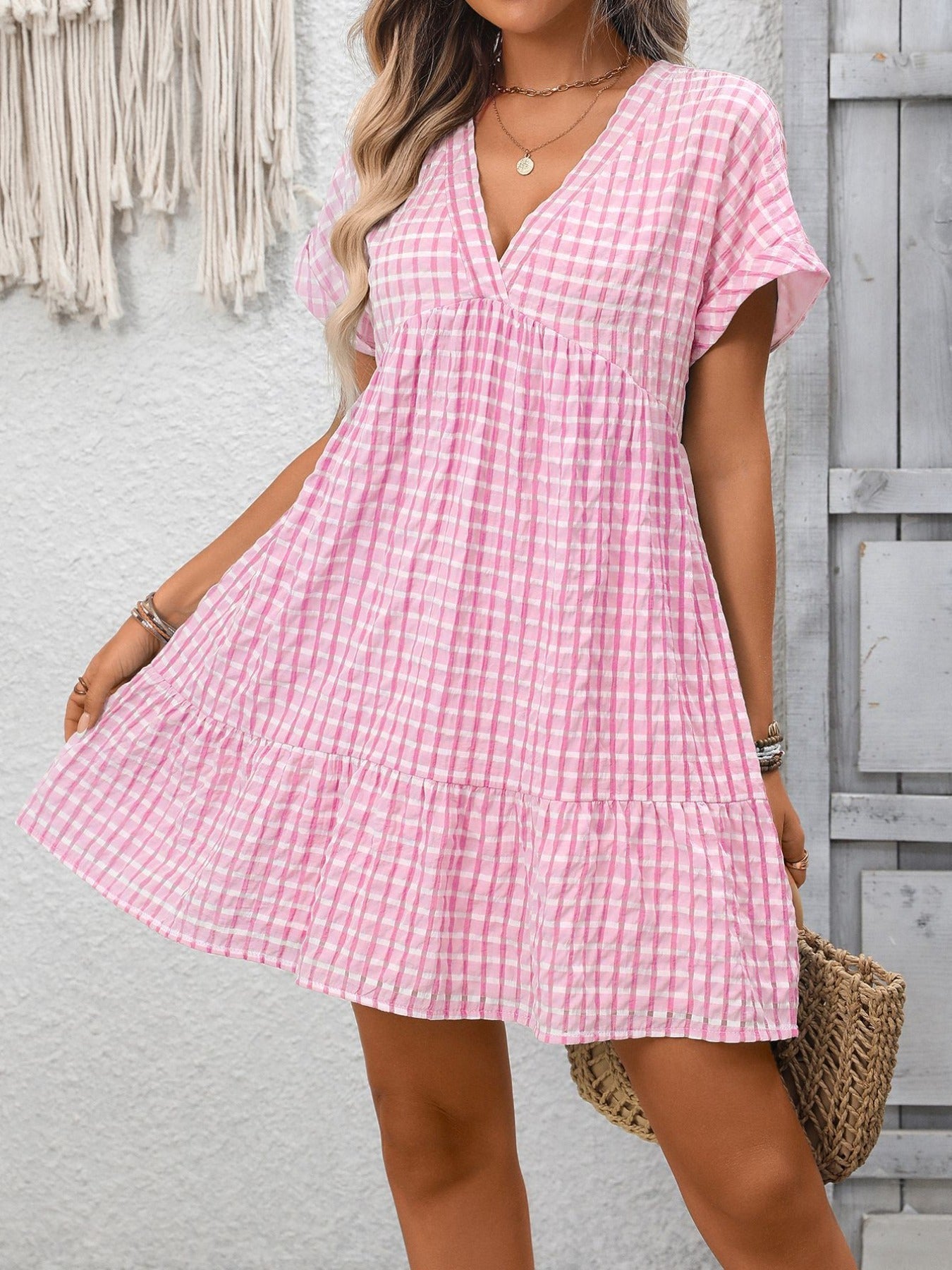 Plaid V-Neck Ruffle Hem Mini Dress