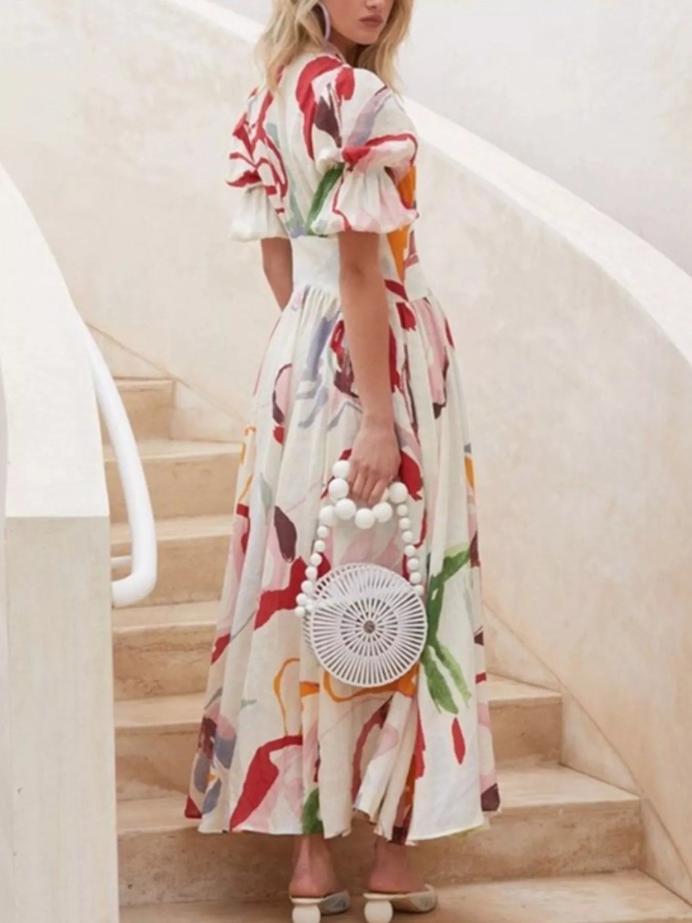 Full Size Abstract Print Puff Sleeve Midi Dress Plus Size