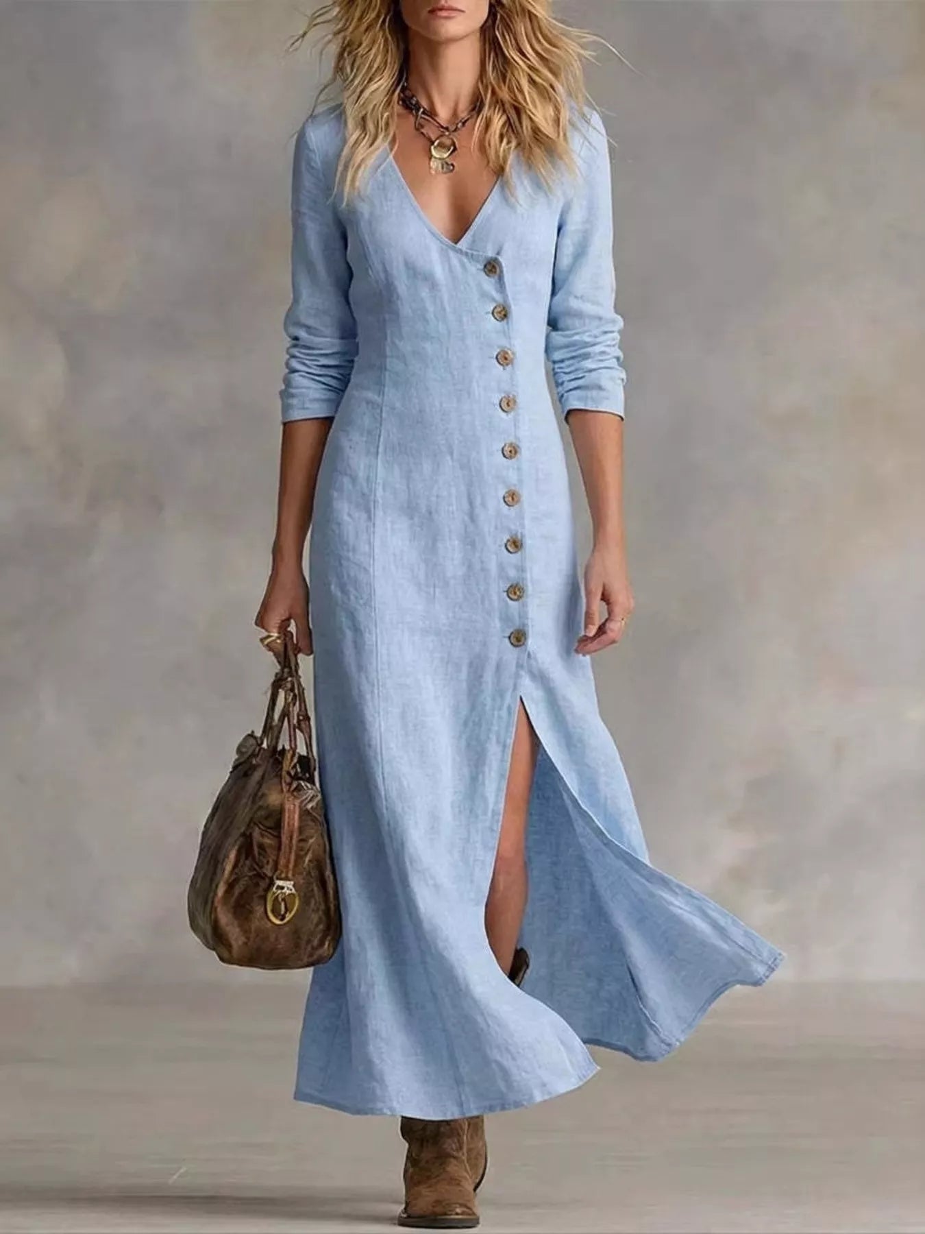 Full Size Button Front Slit Maxi Dress Plus Size