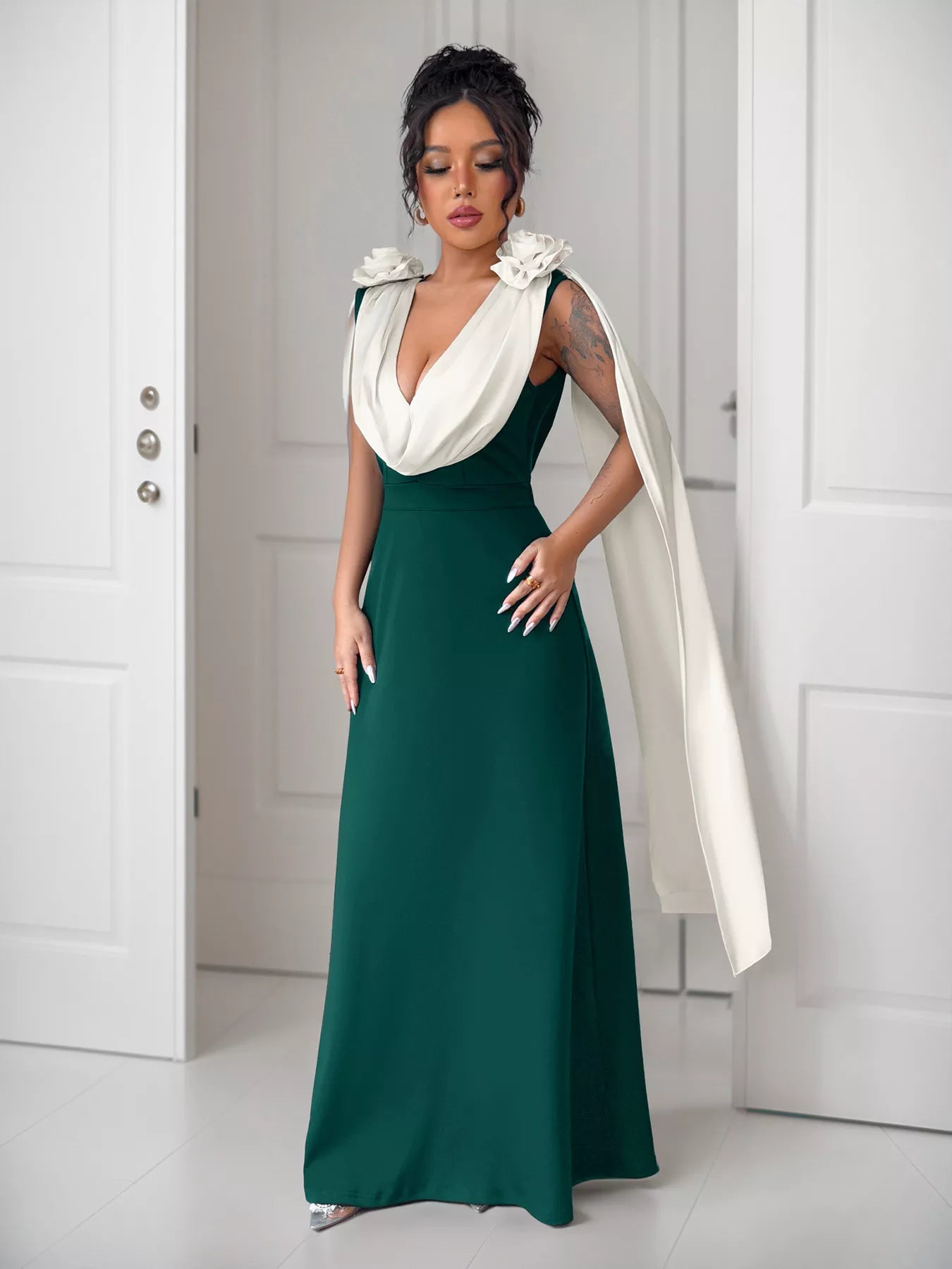 Floral Applique Two Tone Maxi Dress