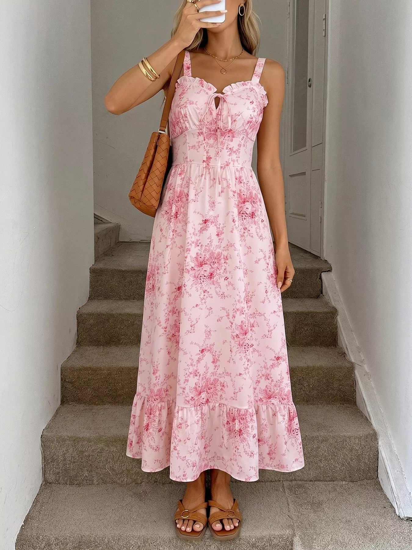 Floral Print Frill Trim Cami Dress