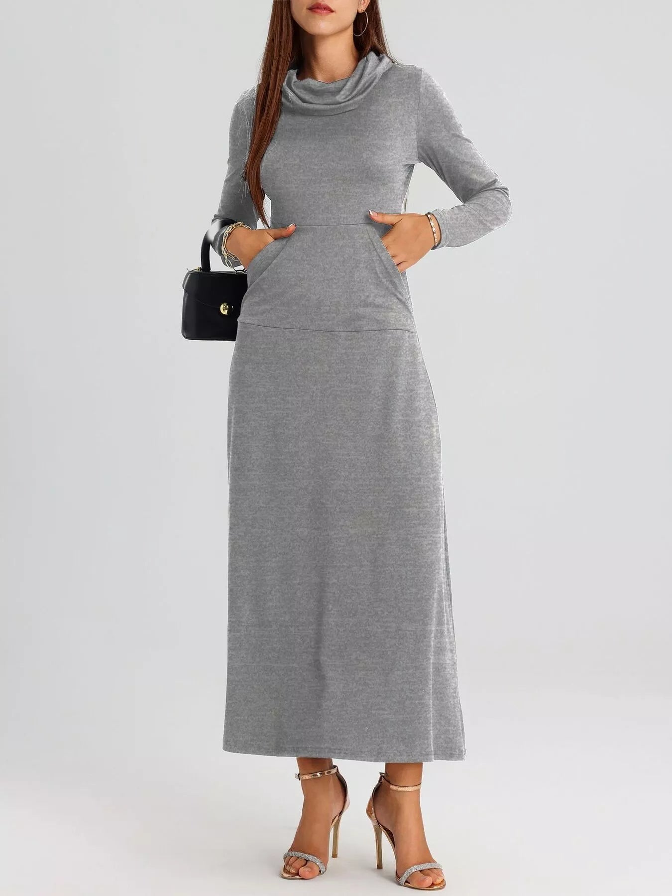 Cowl Neck Long Sleeve Midi Dress
