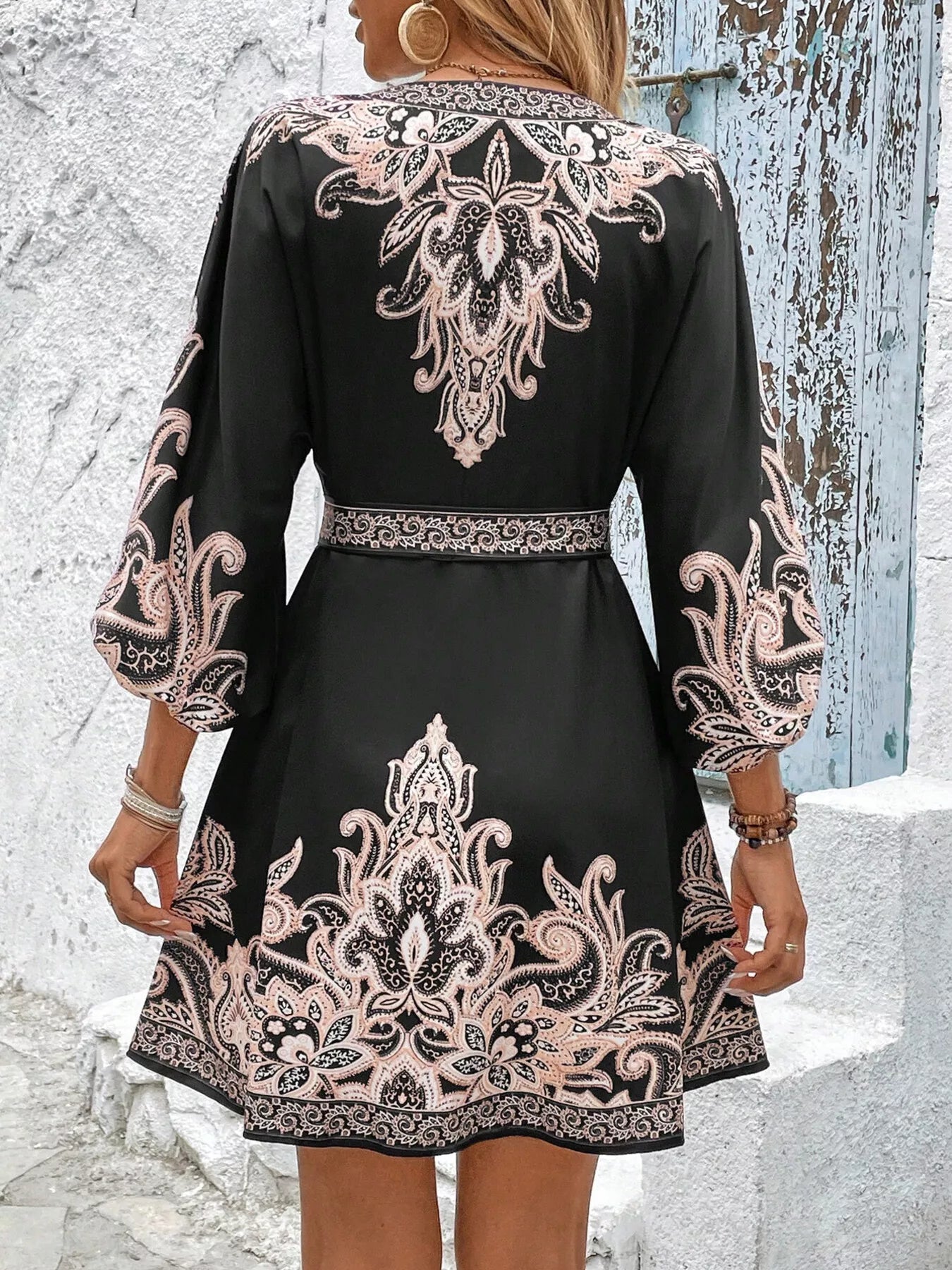 Paisley Print V-Neck Belted Mini Dress