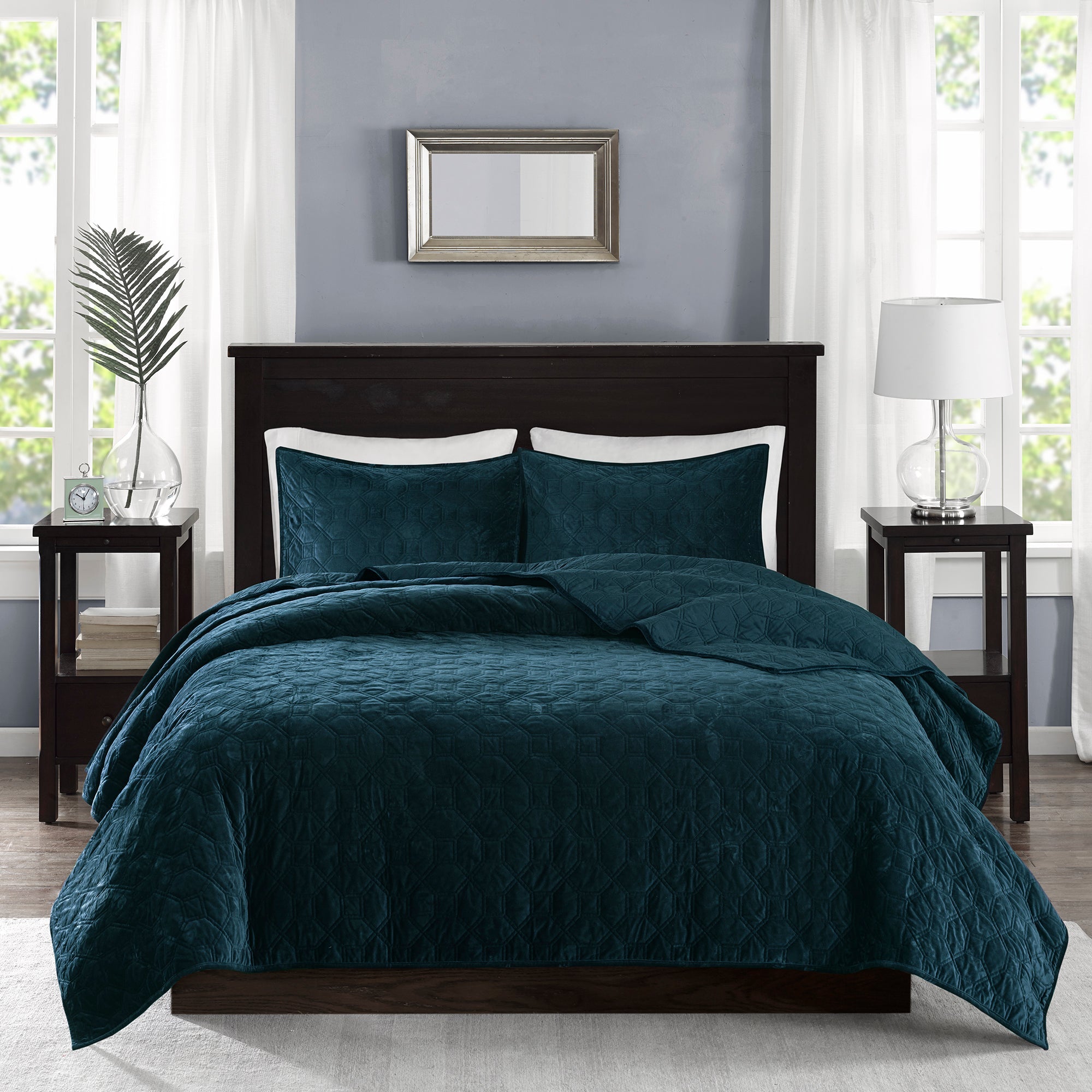 3 Piece Velvet Quilt Set Teal King/Cal King