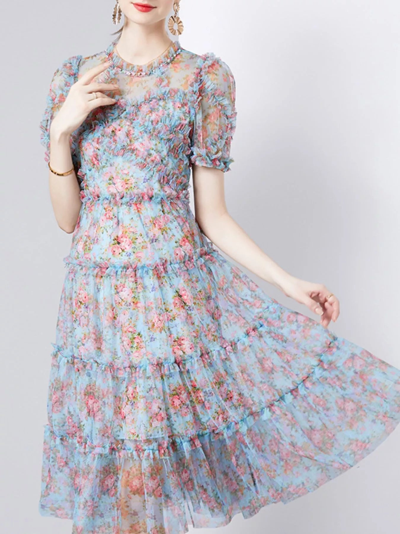 Frill Floral Print Short Sleeve Dress