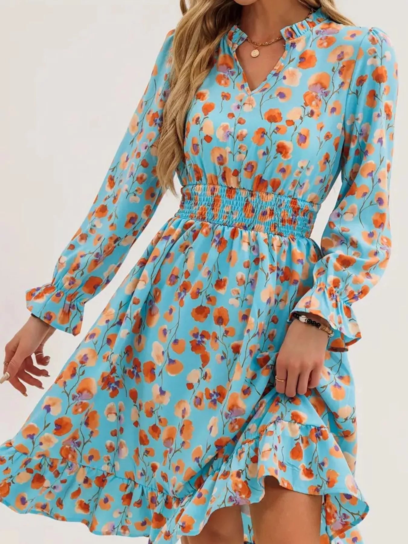 Floral Notched Flounce Sleeve Dress