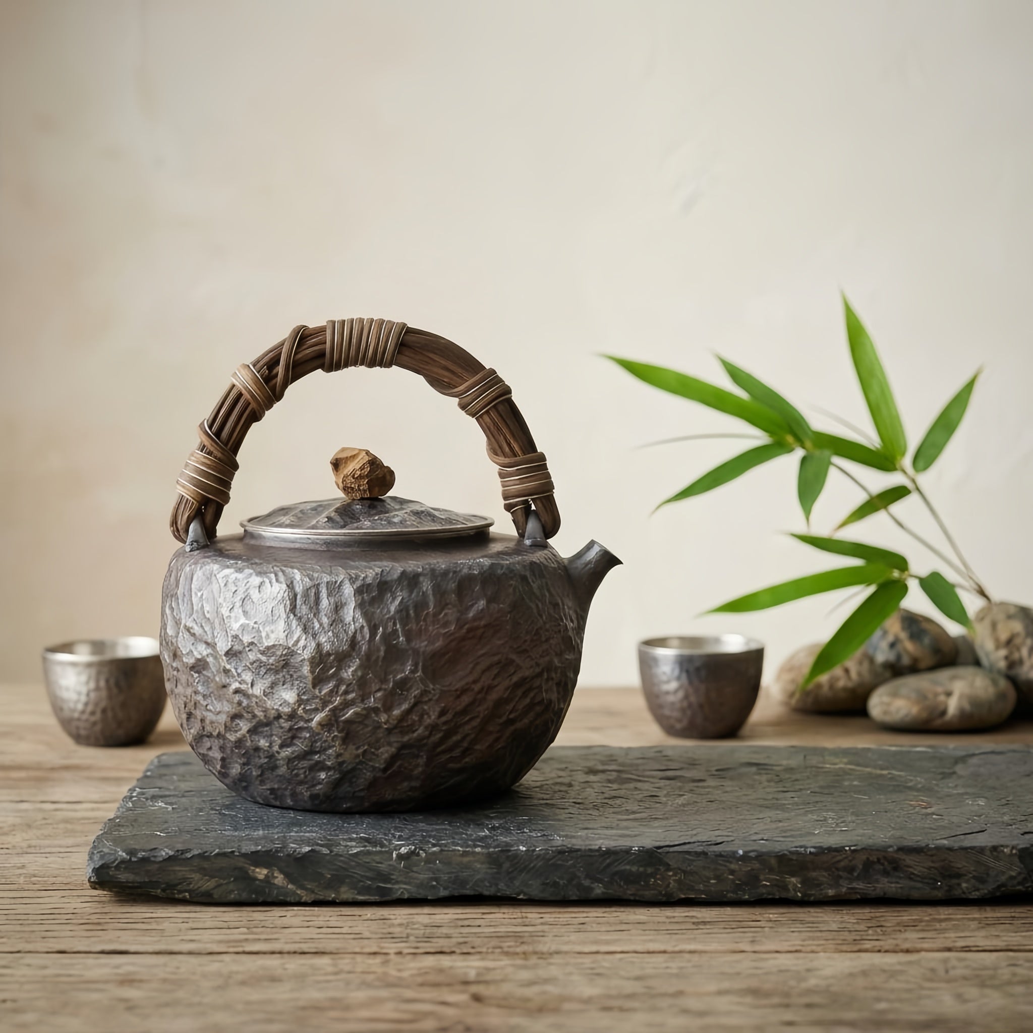 Pure 999 Fine Silver Hammered Metal Teapot with Woven Bamboo Handle and Stone Knob-Fine large teapot - Handicraft