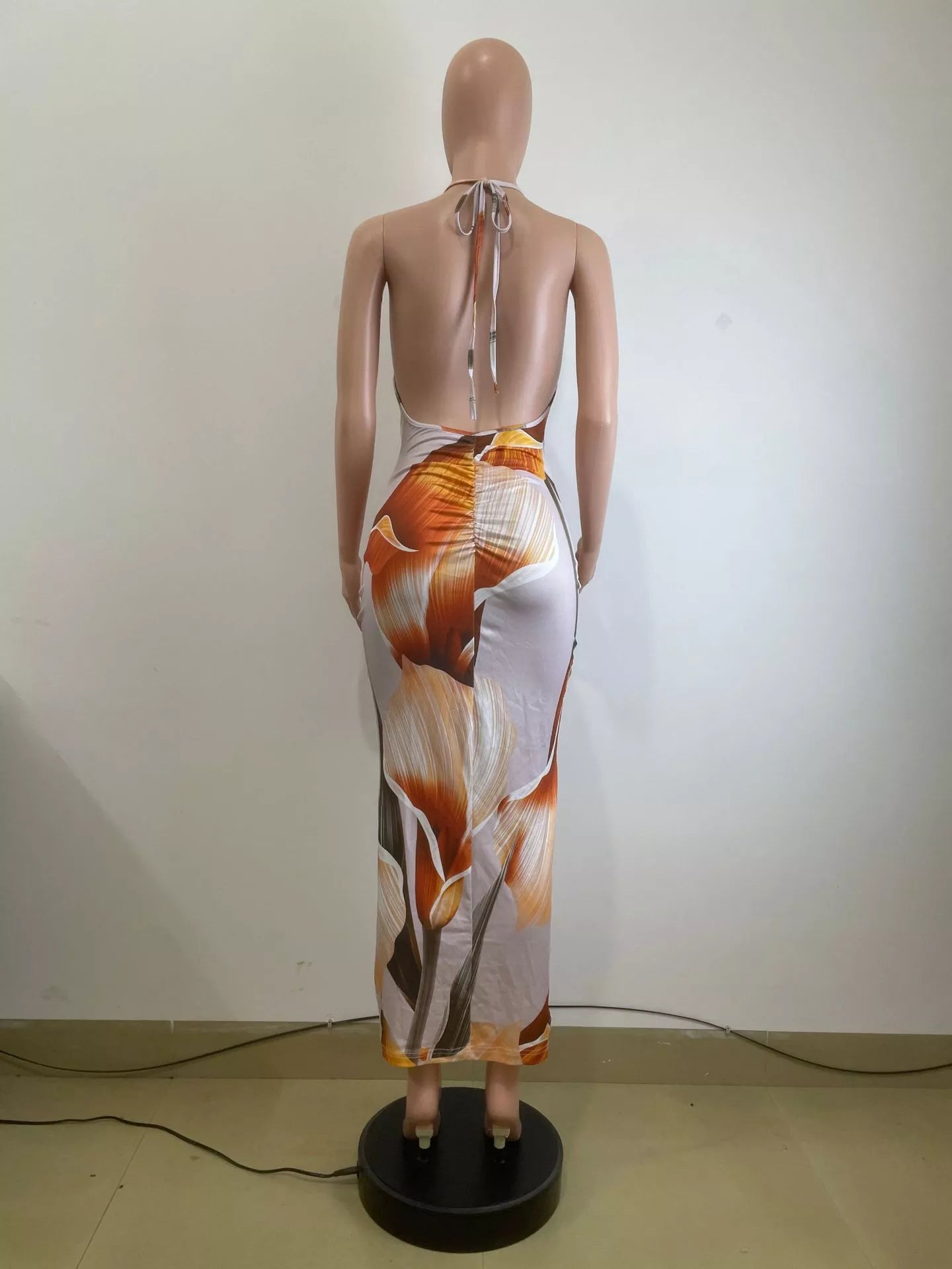Floral Print Cowl Neck Backless Maxi Dress
