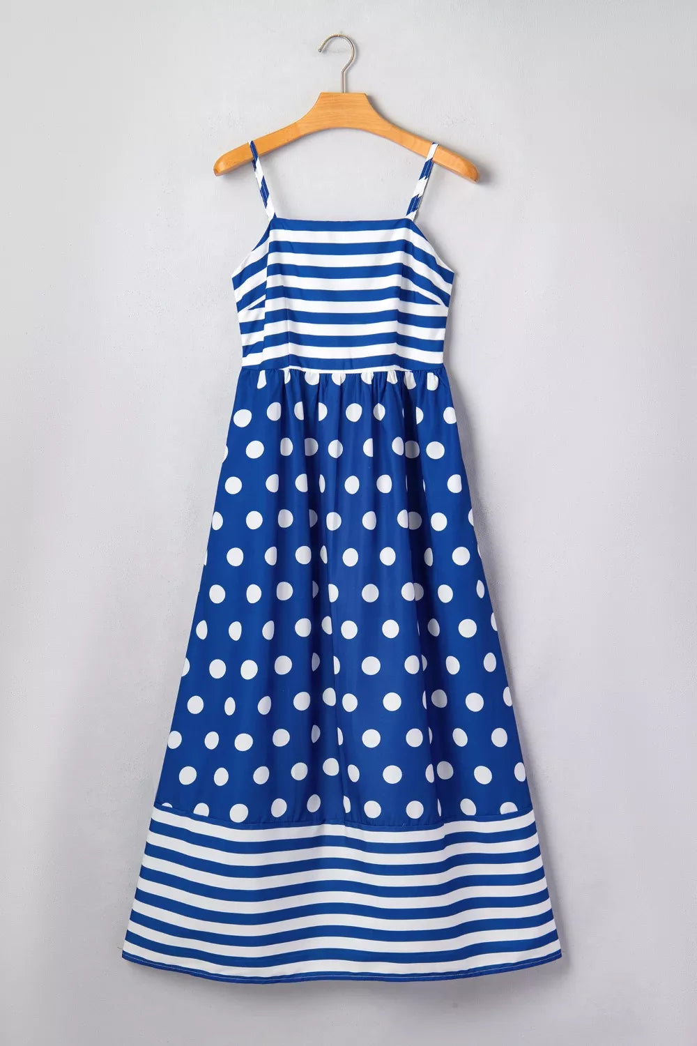 Striped Polka Dot Patchwork High Waist Spaghetti Straps Maxi Dress