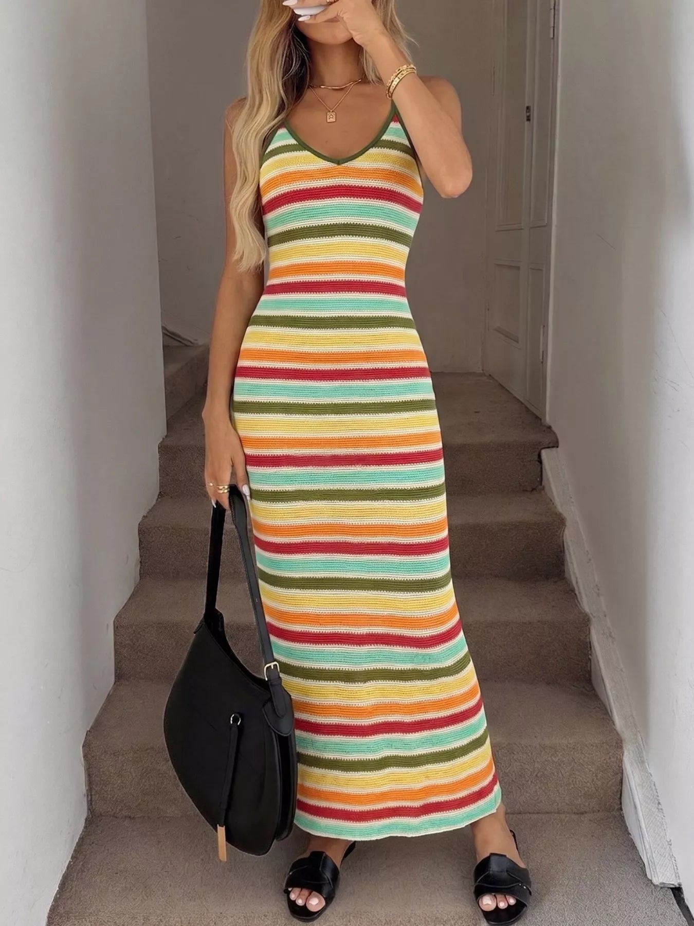 Striped Bodycon Knit Midi Dress