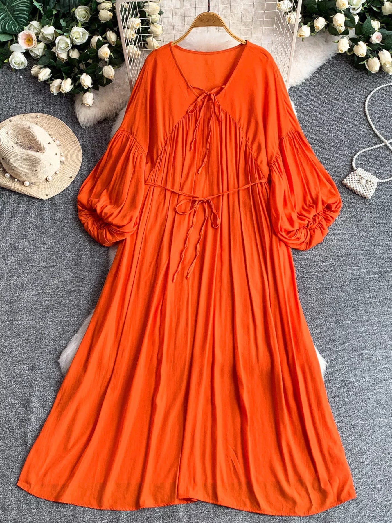 Balloon Sleeve Tie-Waist Dress