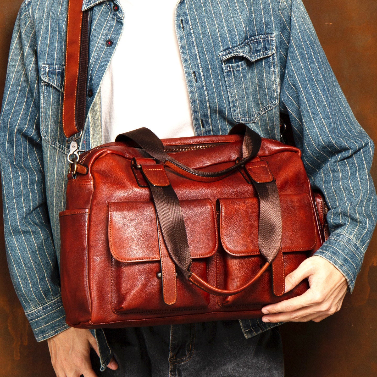 Full-grain Leather Vintage Tote Bag With Large Capacity