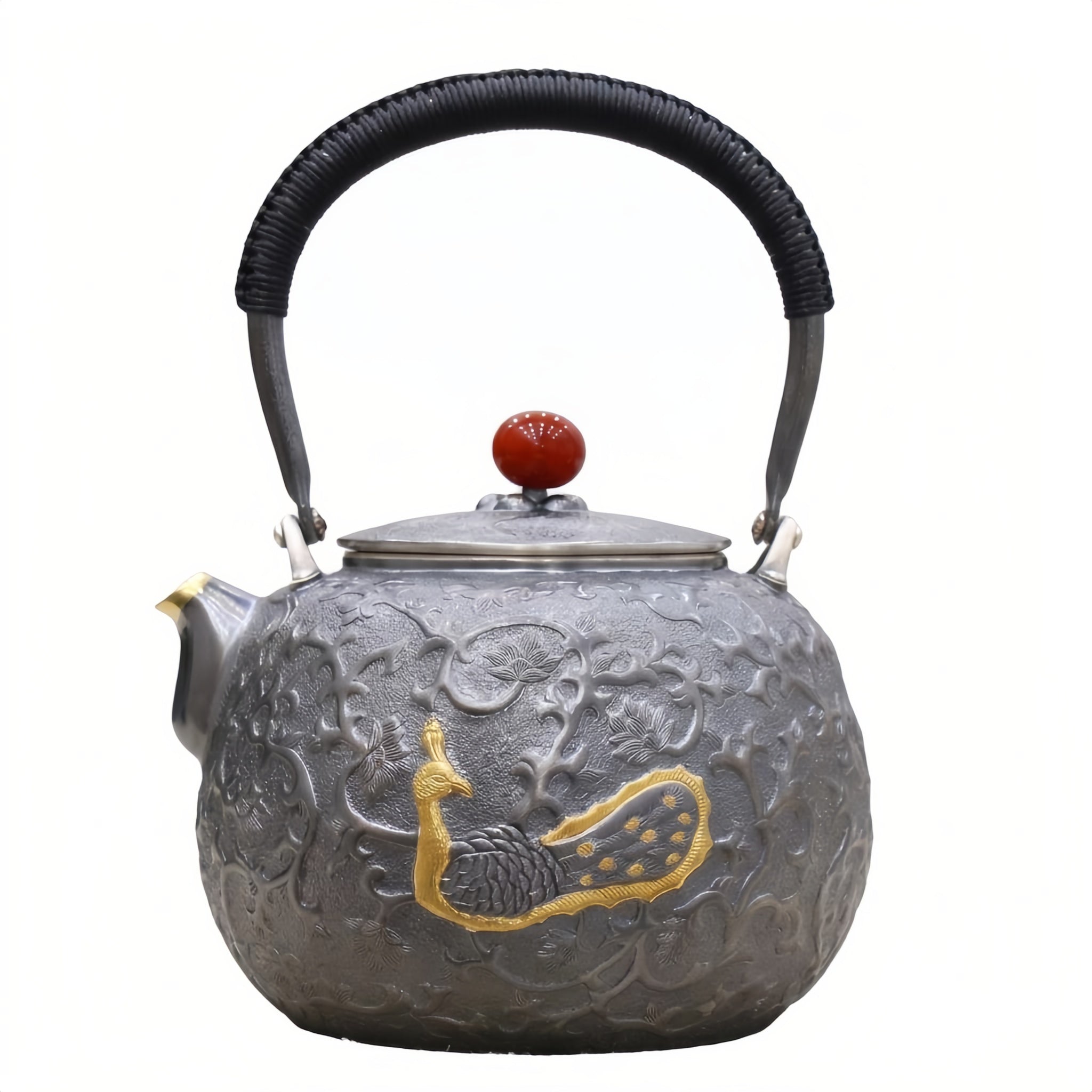 Pure 999 Fine Silver Ornate Handcrafted Silver Teapot Featuring Exquisite Peacock Relief and Crimson Gemstone Finial - Handicraft