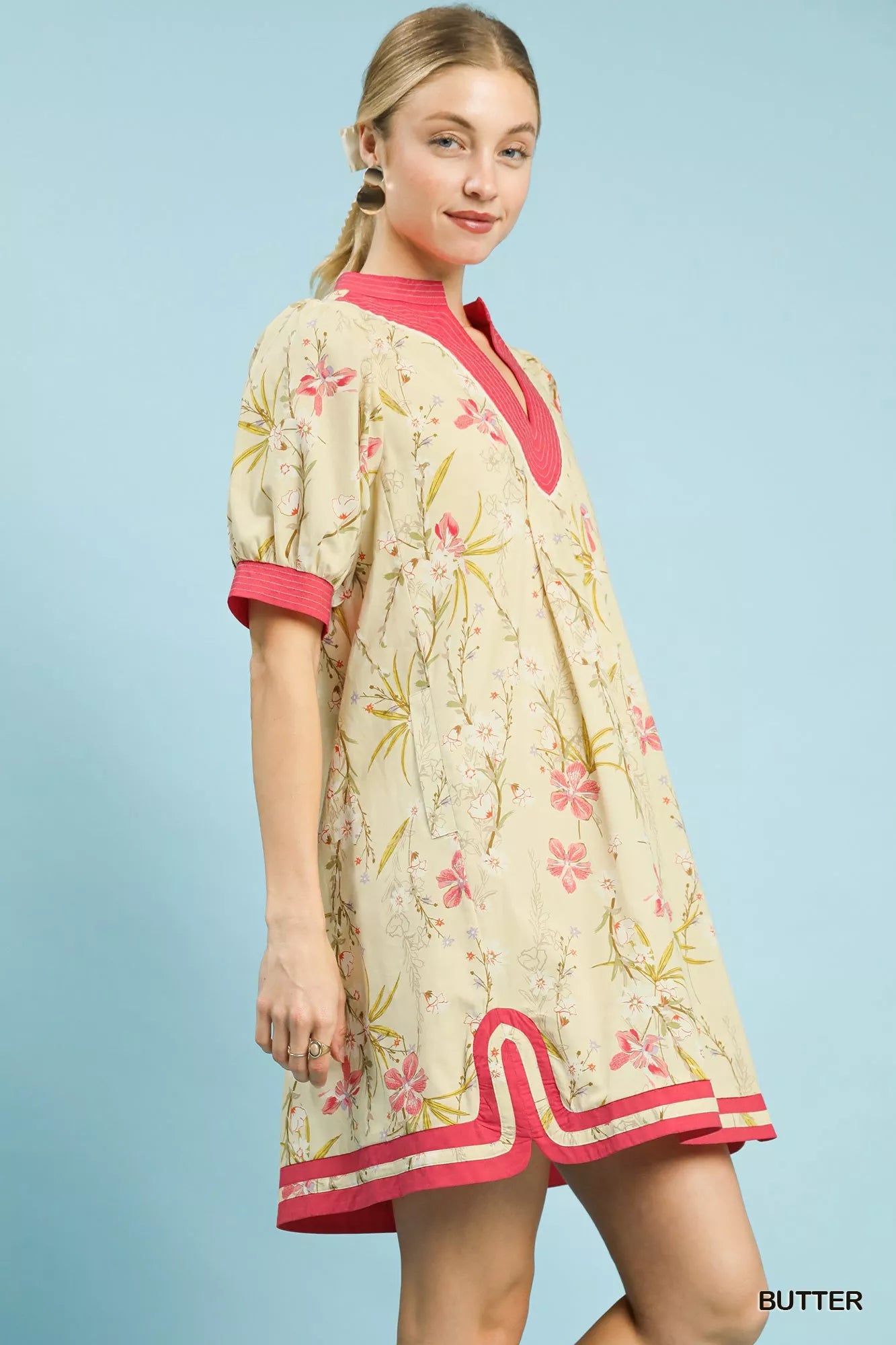Umgee Floral Puff Sleeve Dress with Contrast Trim