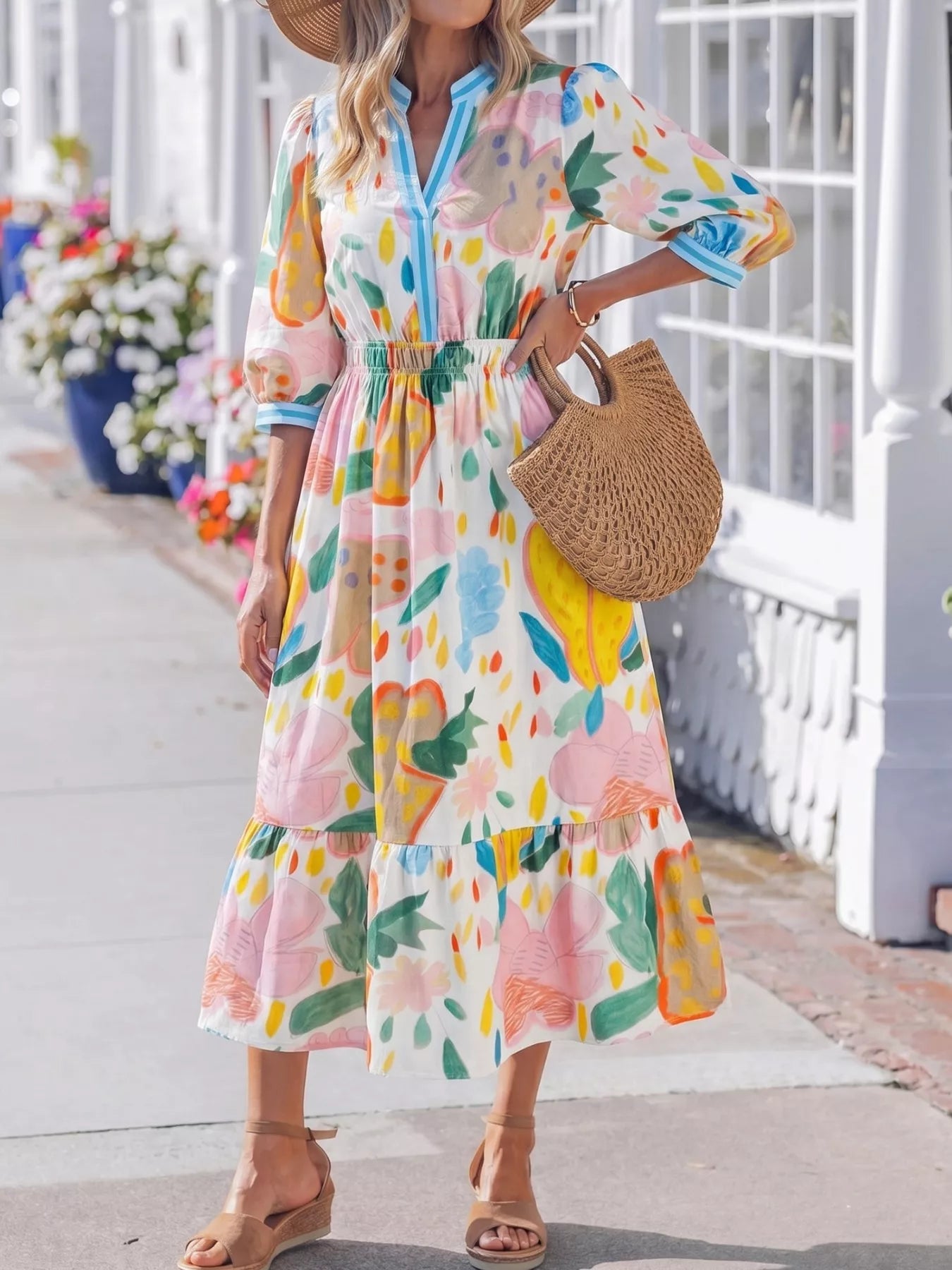 Multicolour Floral Doodle Print Striped Trim V Neck Midi Dress
