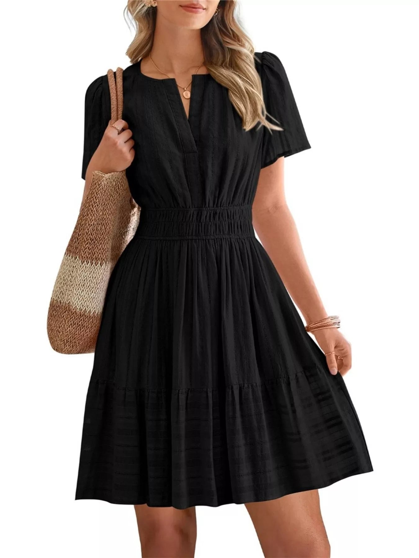 Short Sleeve Smocked Waist Tiered Dress