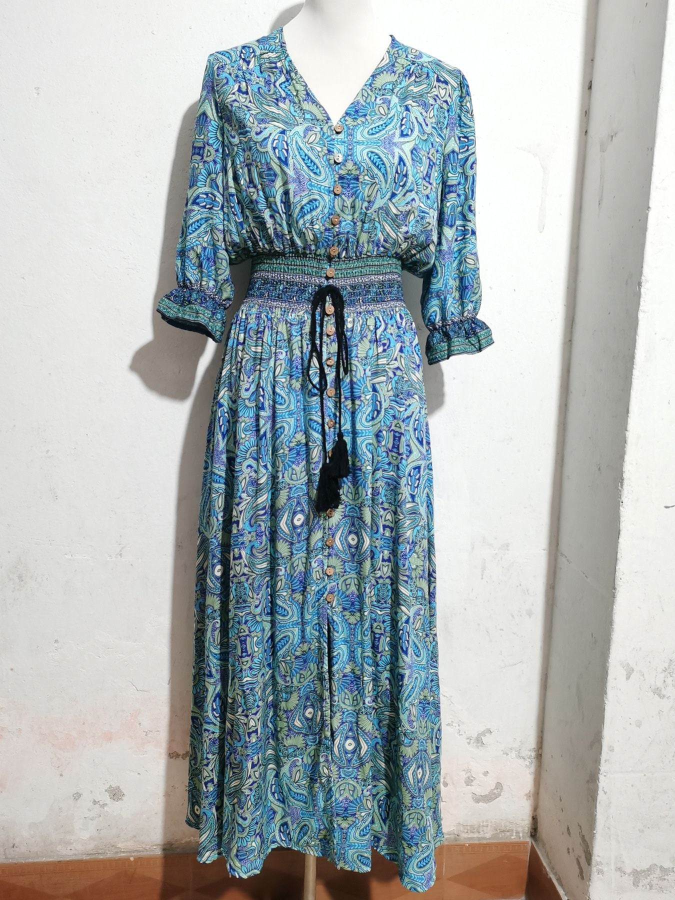 Paisley Print Half Sleeve Slit Midi Dress