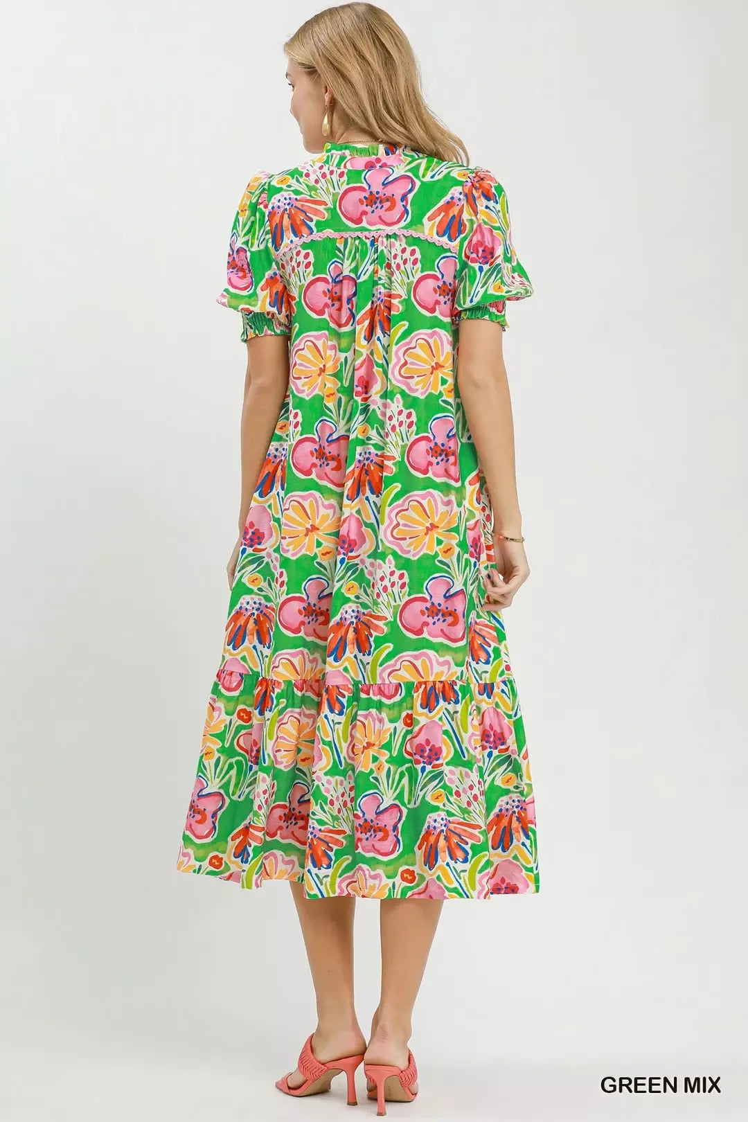 Umgee Floral Print Puff Sleeve Tiered Midi Dress