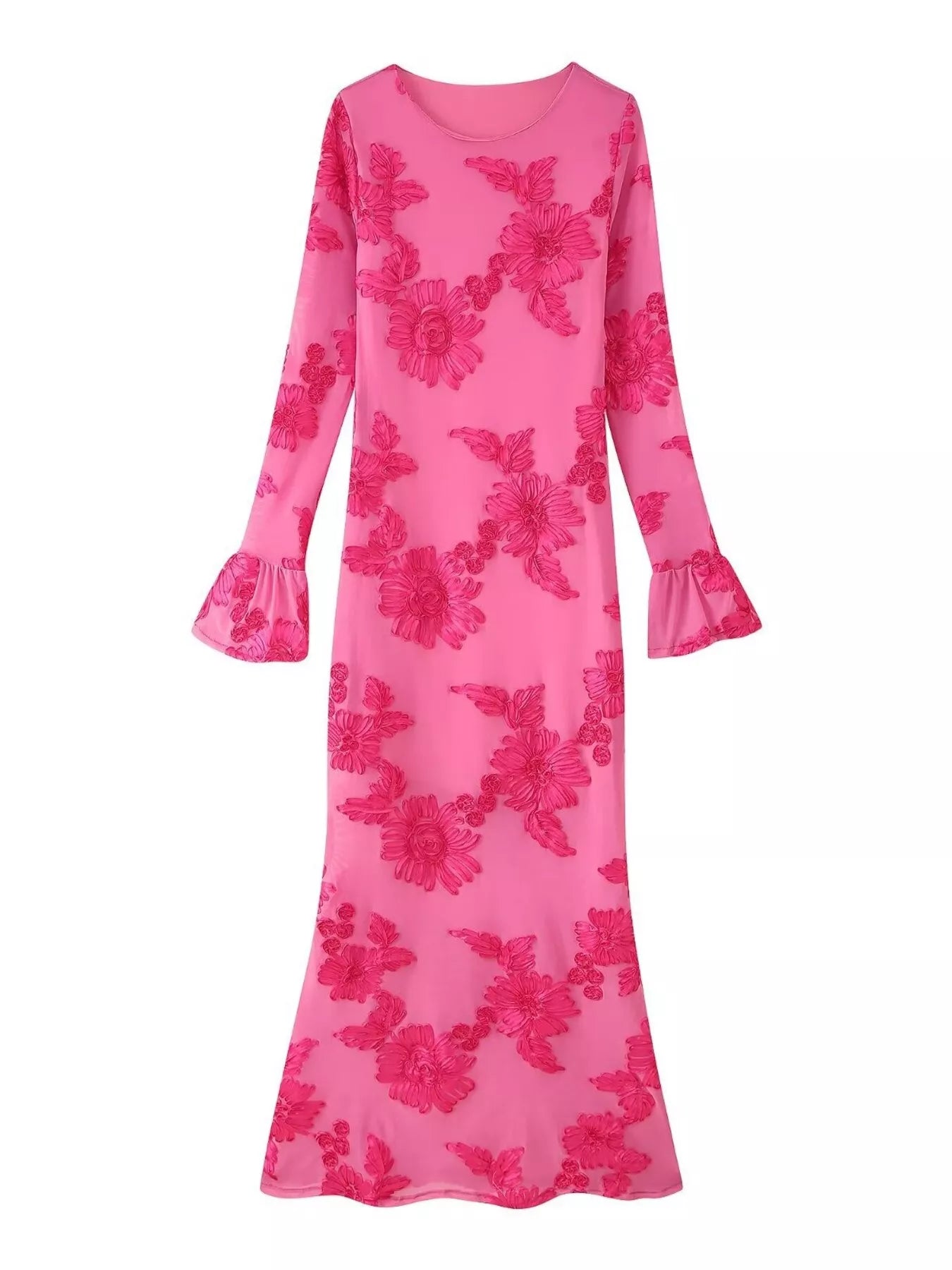 Floral Flounce Sleeve Round Neck Dress
