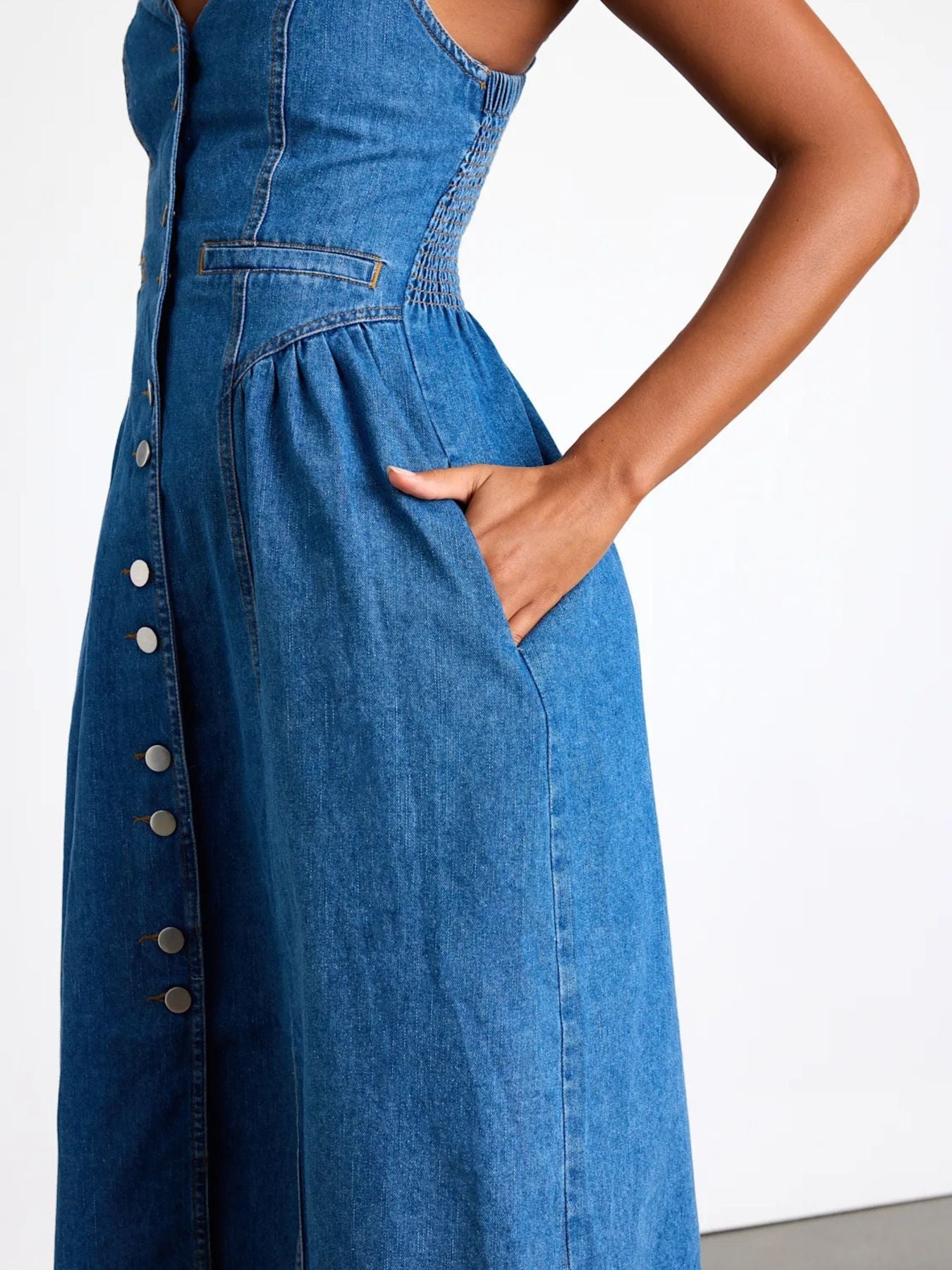Button-Front Midi Denim Dress