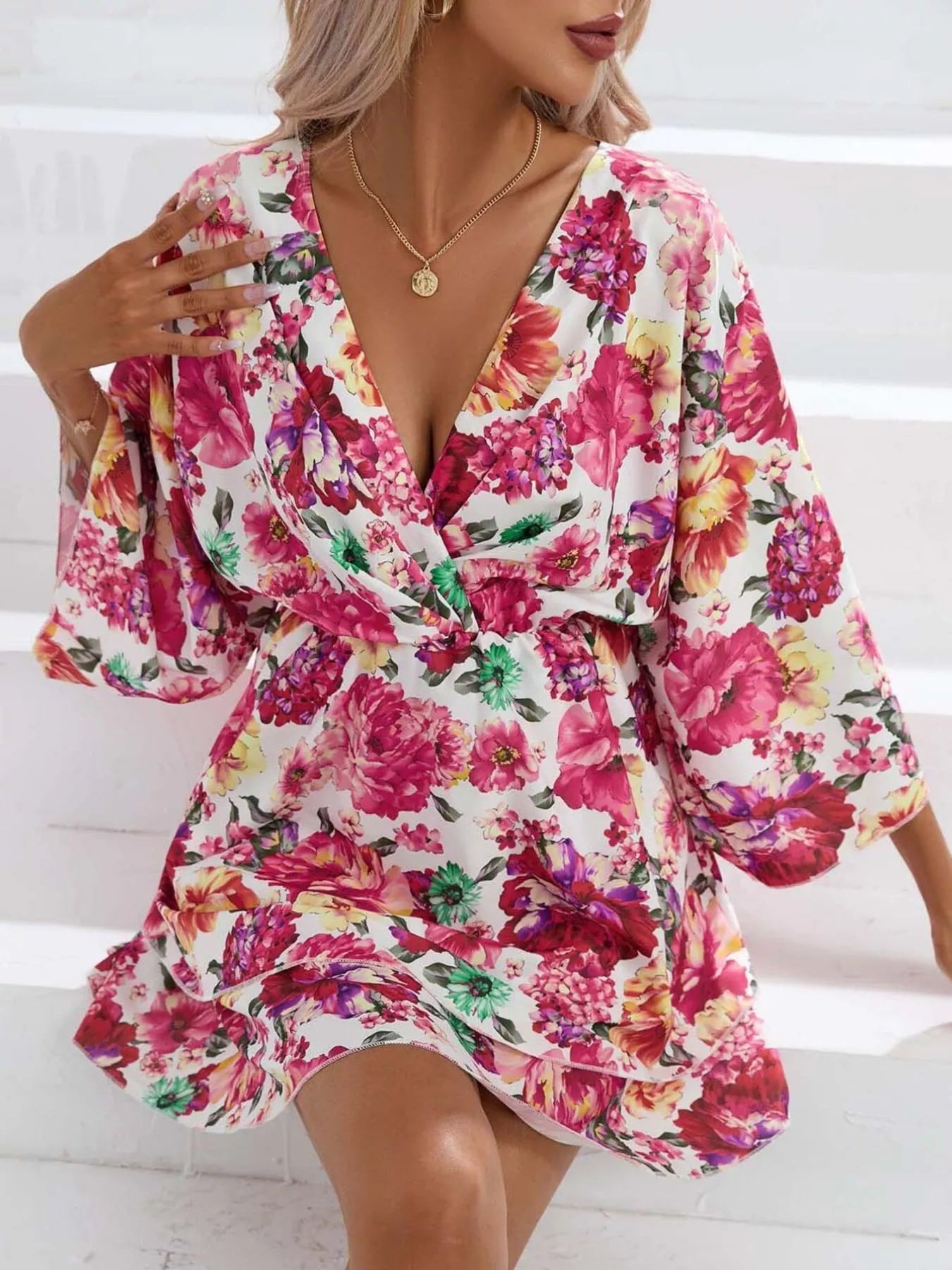 Floral Print Layered Ruffle Hem Mini Dress