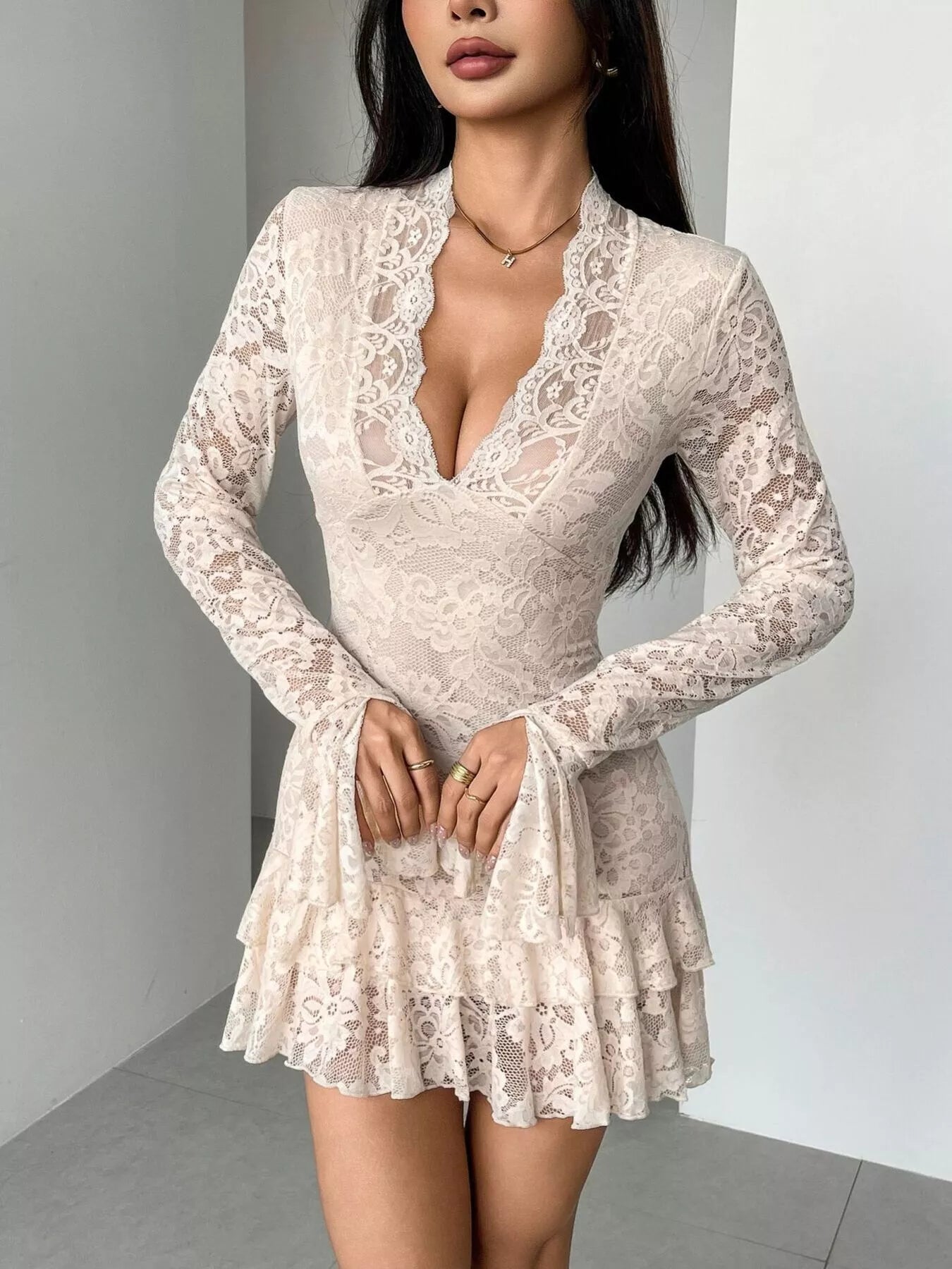 Lace Ruffle Hem Mini Dress