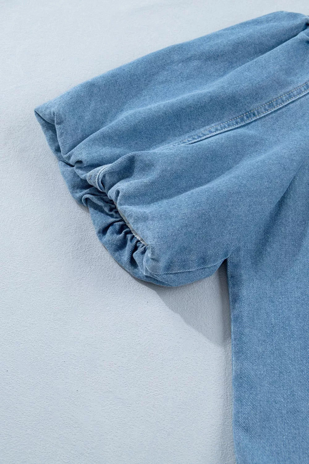 Button Down Short Puff Sleeve Ruffle Hem Denim Dress