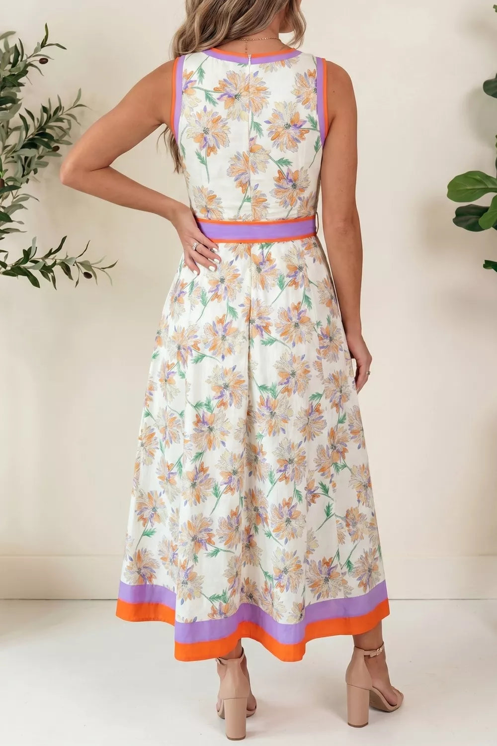 Floral Print Color Block Trim Belted Sleeveless Dress