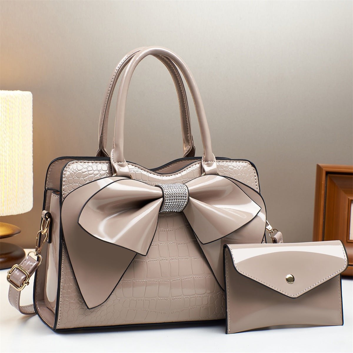 Fashionable Crocodile-Print Bow Bucket Bag Patent Leather Glossy Crossbody Bag - Overture Gifts