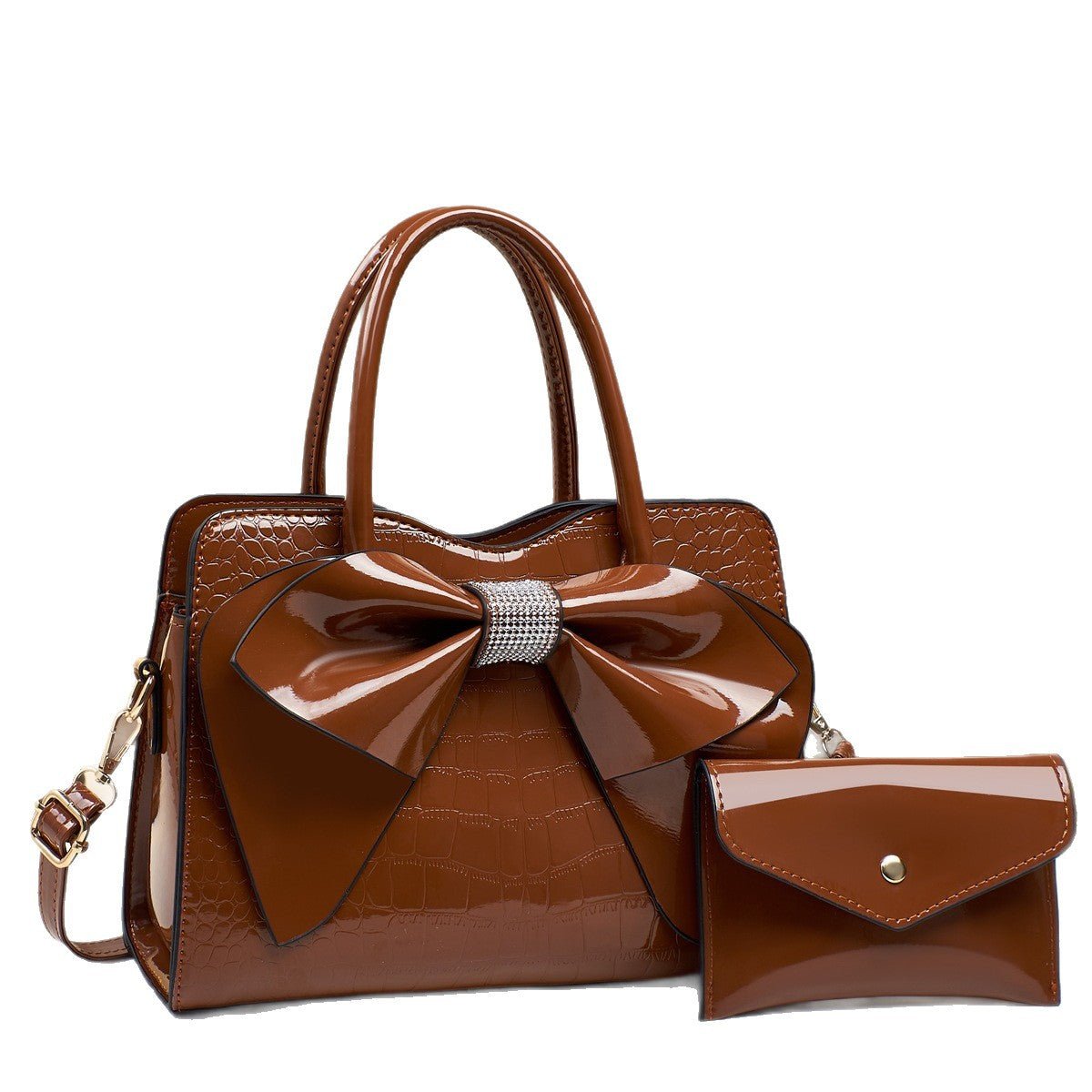 Fashionable Crocodile-Print Bow Bucket Bag Patent Leather Glossy Crossbody Bag - Overture Gifts